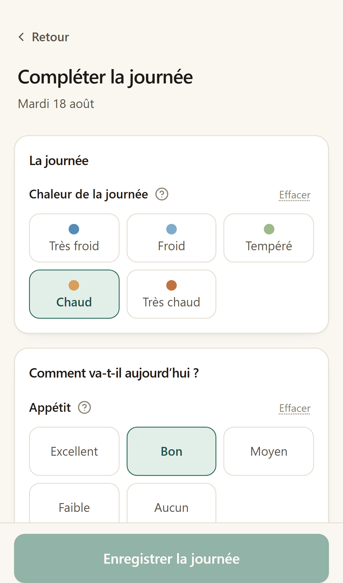 Formulaire du bilan quotidien : appétit, énergie, eau, et les sections repliées.