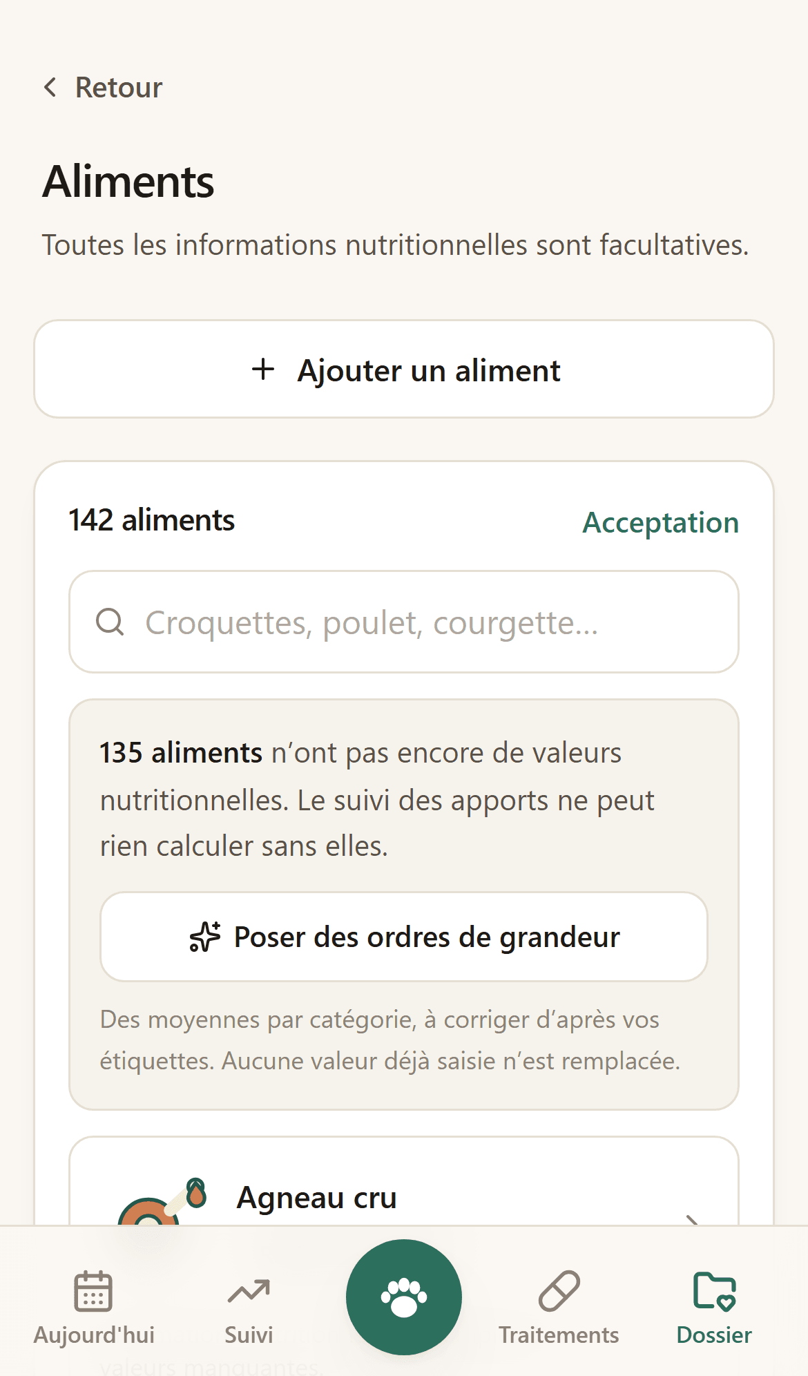 Catalogue des aliments : croquettes, pâtée, friandises, compléments.