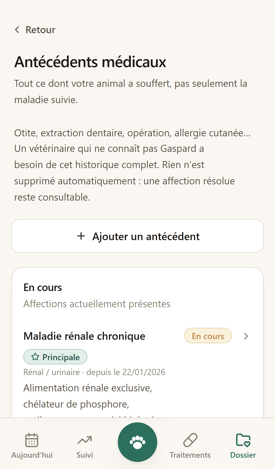 Écran des antécédents : une carte par affection suivie et par allergie.