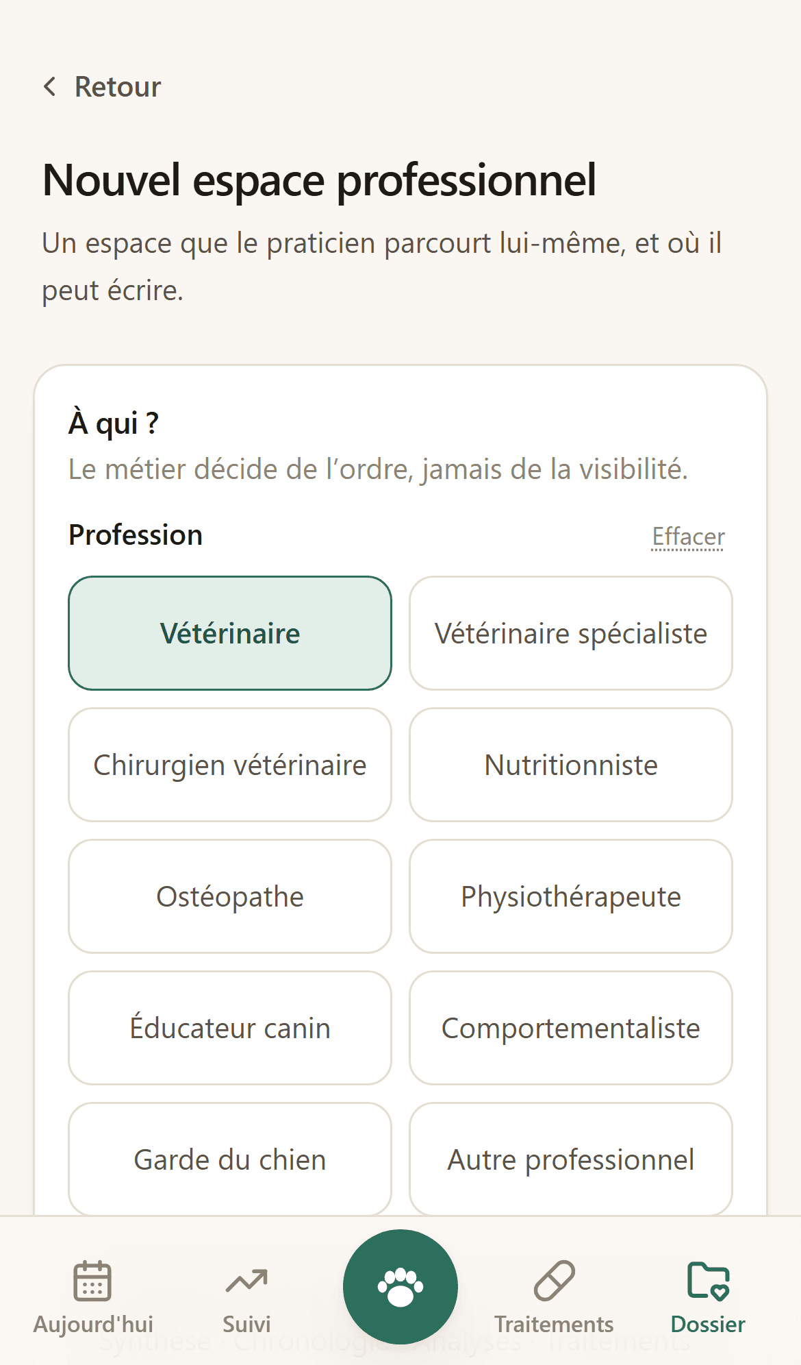 Écran de création d’un lien de partage professionnel, avec la liste des métiers.