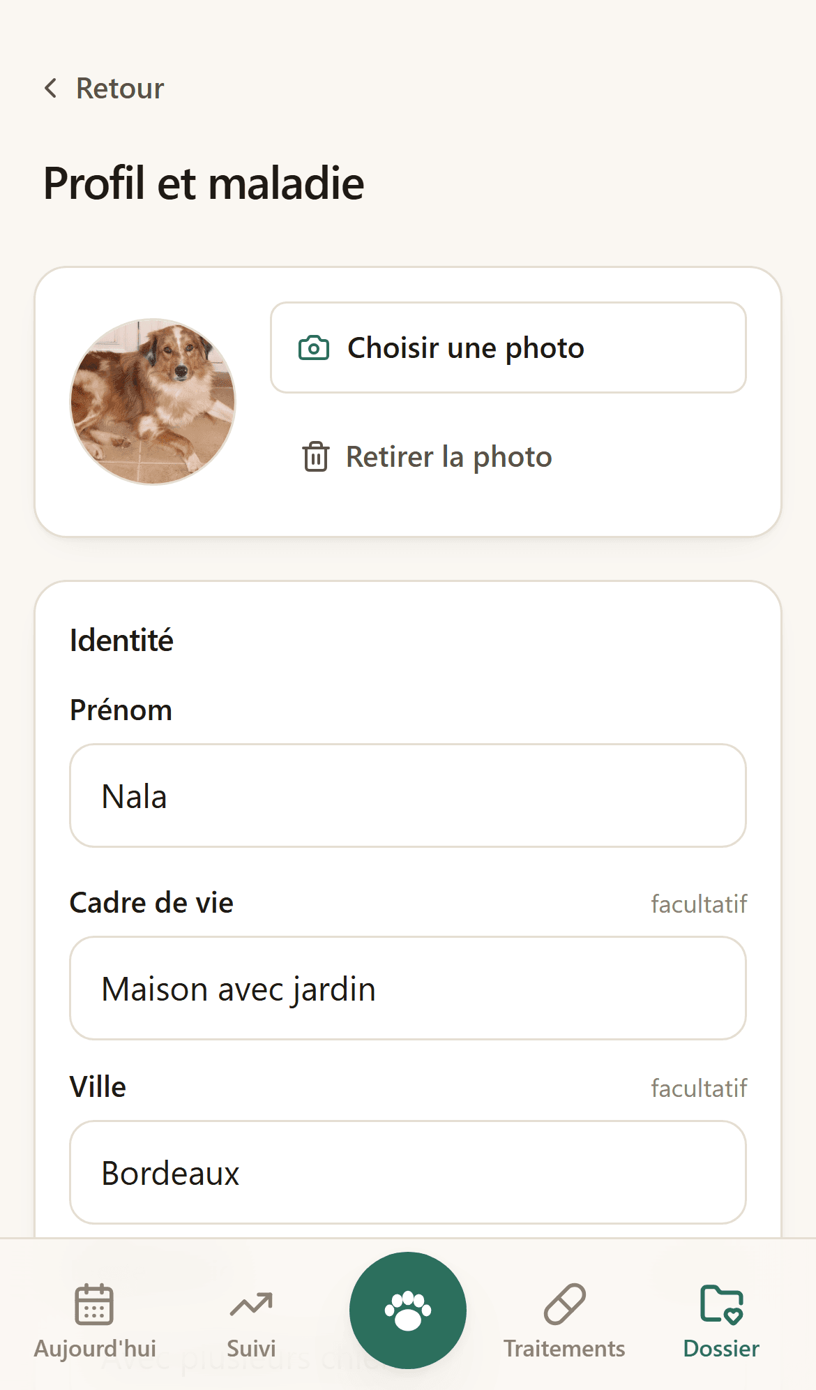 Fiche d’identité du chien : nom, race, sexe, date de naissance, numéro de puce.