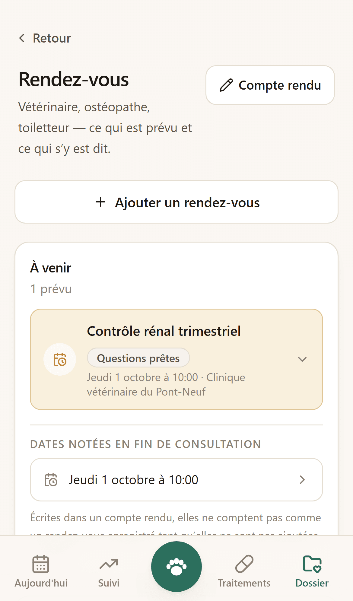 Écran des rendez-vous : les rendez-vous à venir et les comptes rendus passés.