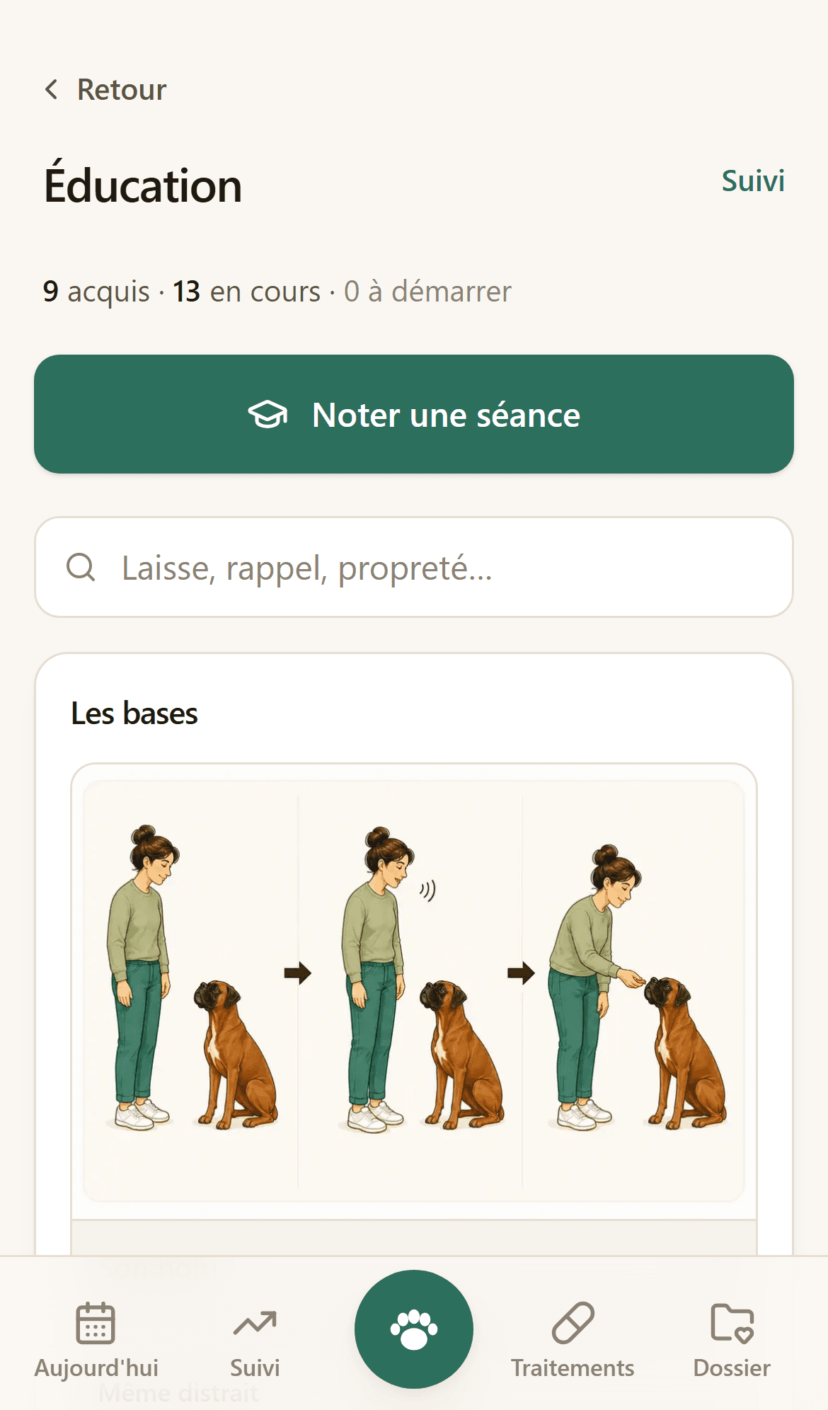 Catalogue des exercices d’éducation, rangés par famille, avec un champ de recherche.