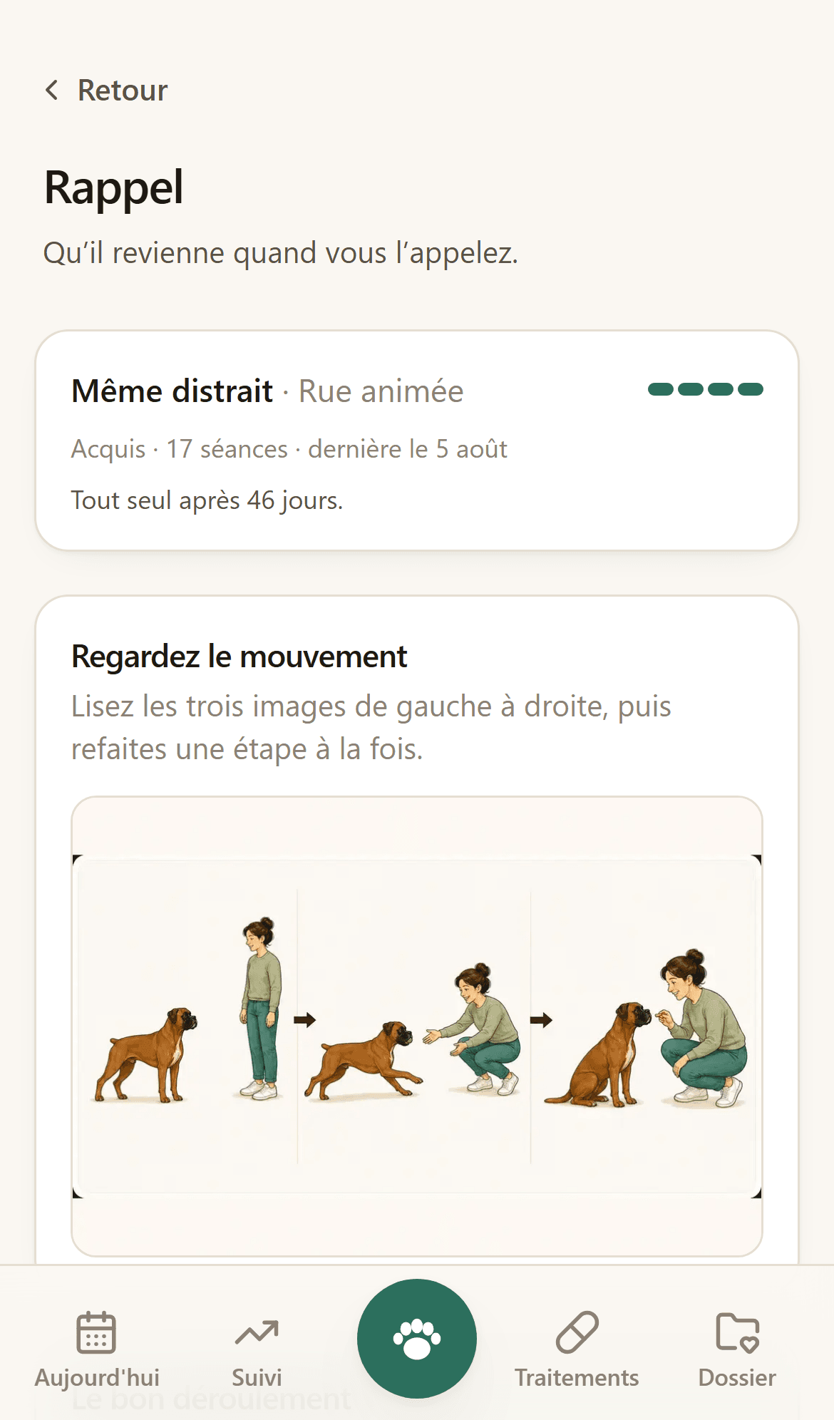 Fiche de l’exercice du rappel : son but, ses étapes et les séances où il a été travaillé.