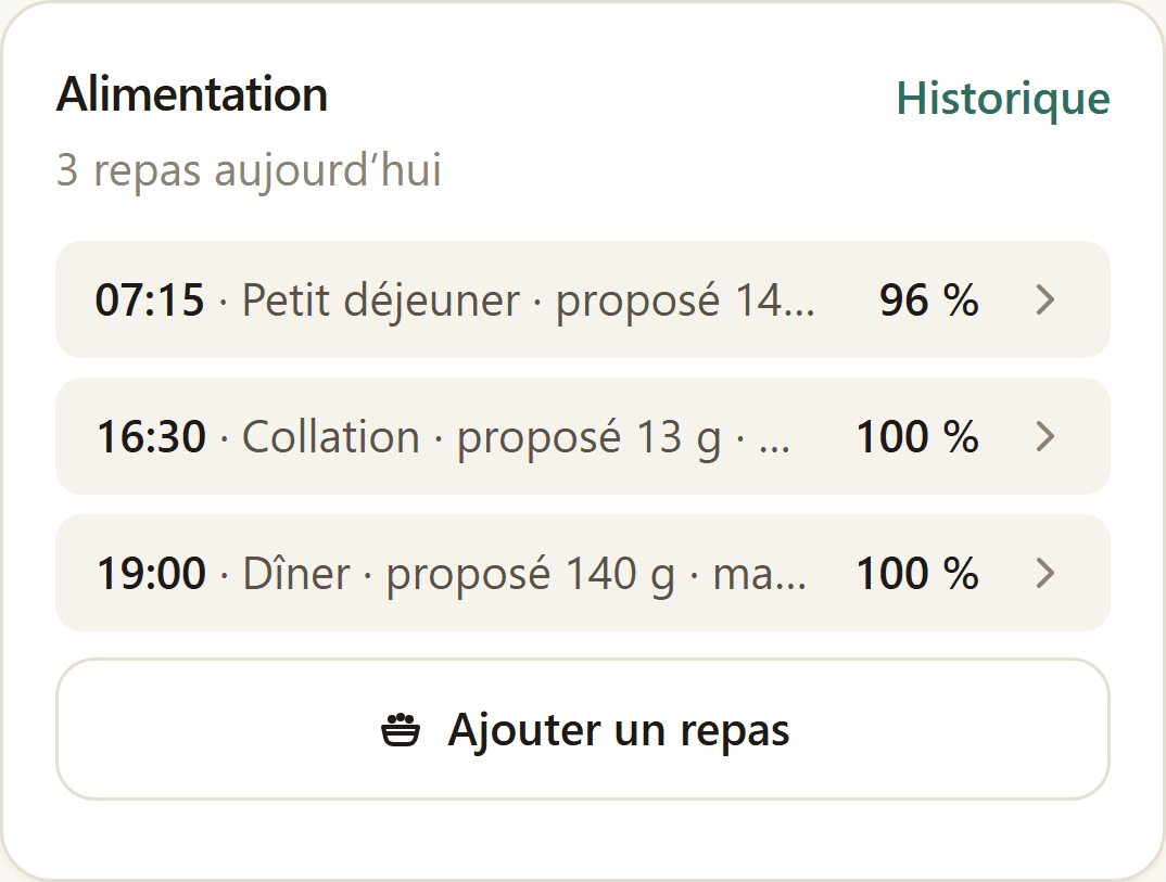 Section Alimentation de l’écran du jour : les repas déjà notés et le bouton d’ajout.