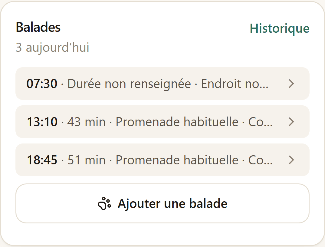 Section Balades de l’écran du jour : les sorties enregistrées et leur durée.