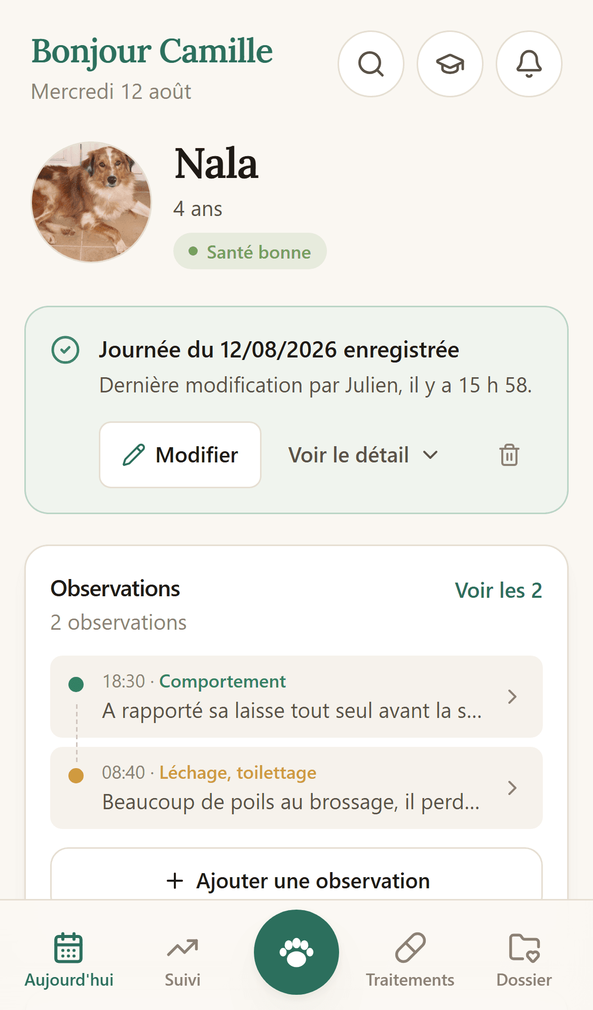 Écran d’accueil de Babinou : la photo de Nala, son âge, l’état du jour, puis les sections traitements, alimentation et balades.