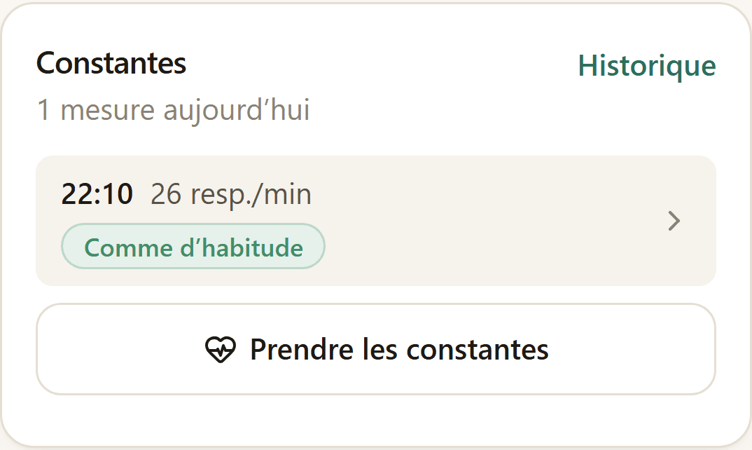 Section Constantes de l’écran du jour : respiration et cœur, avec une pastille de comparaison.