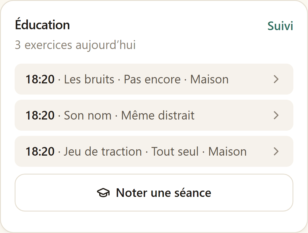 Section Éducation de l’écran du jour : les exercices notés et des propositions au bord pointillé.
