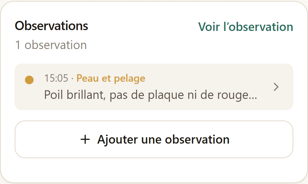 Section Observations de l’écran du jour, avec les notes de la journée.