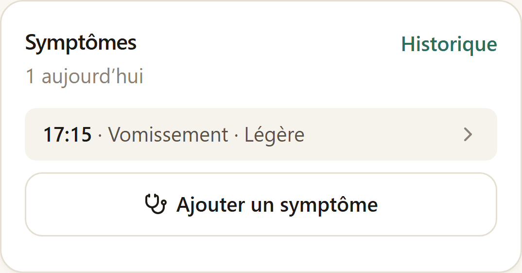 Section Symptômes de l’écran du jour, avec les symptômes déjà notés.