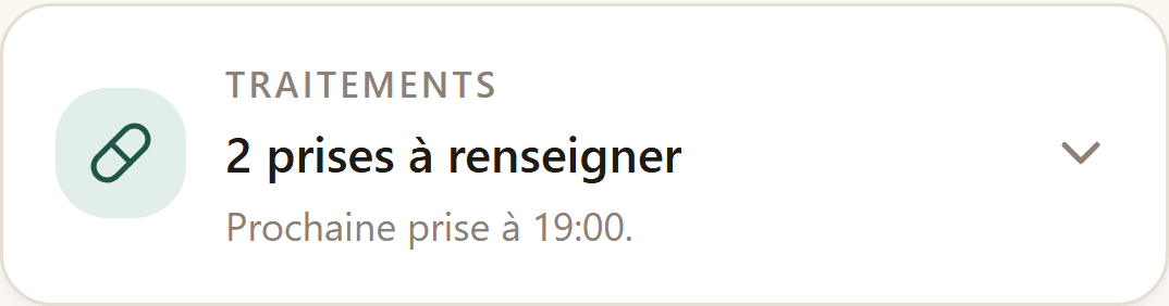 Section Traitements de l’écran du jour : chaque prise porte son heure et une case à cocher.