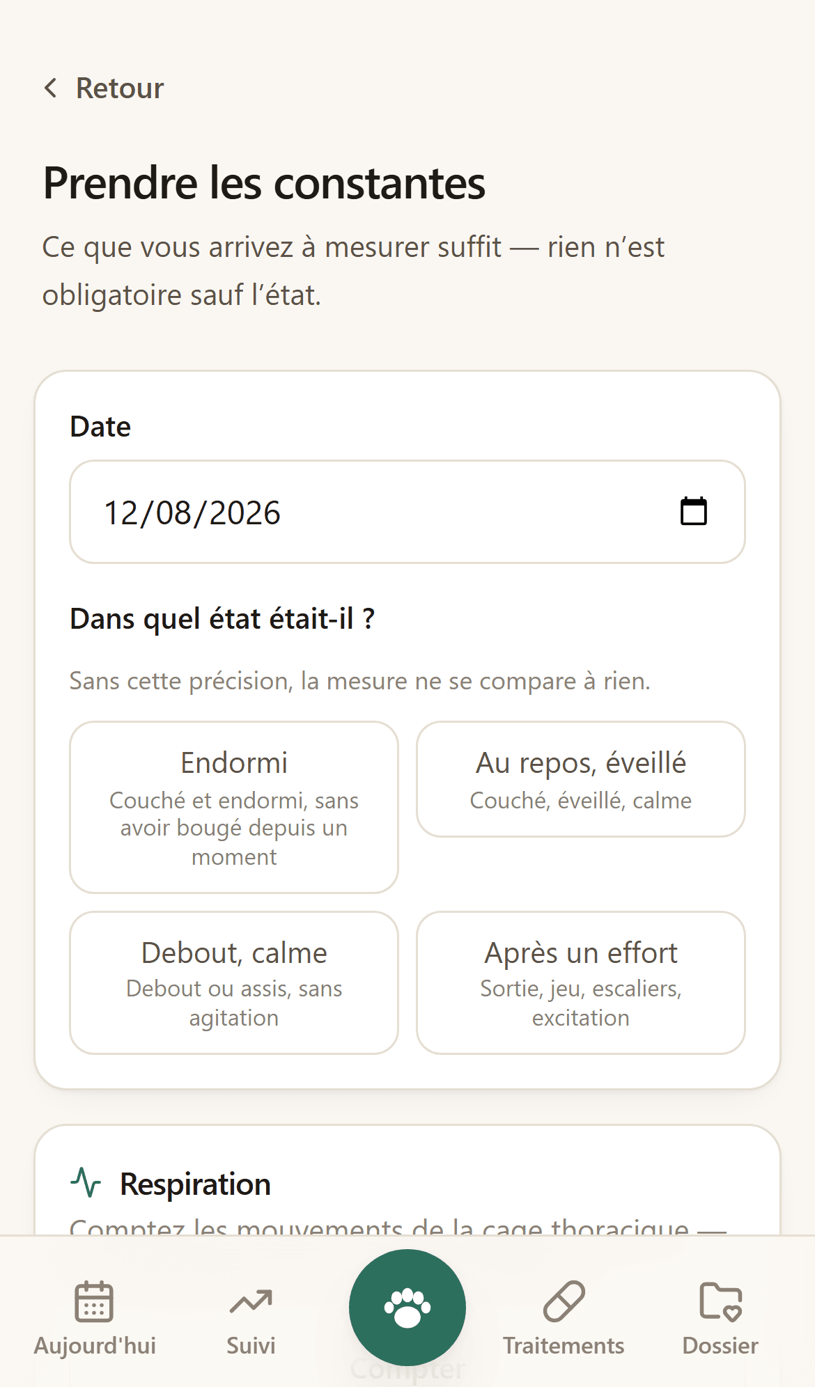 Formulaire des constantes à domicile : respiration, cœur, température, gencives.