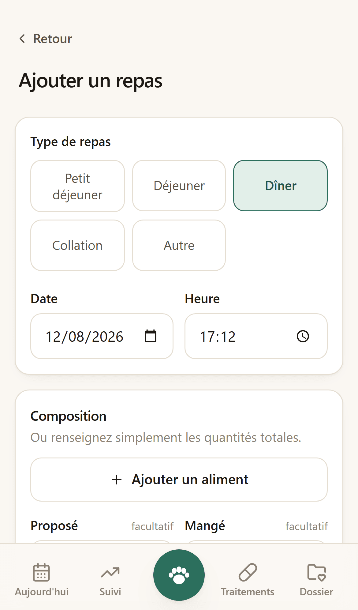 Formulaire de saisie d’un repas : l’aliment, la quantité proposée, la quantité mangée.