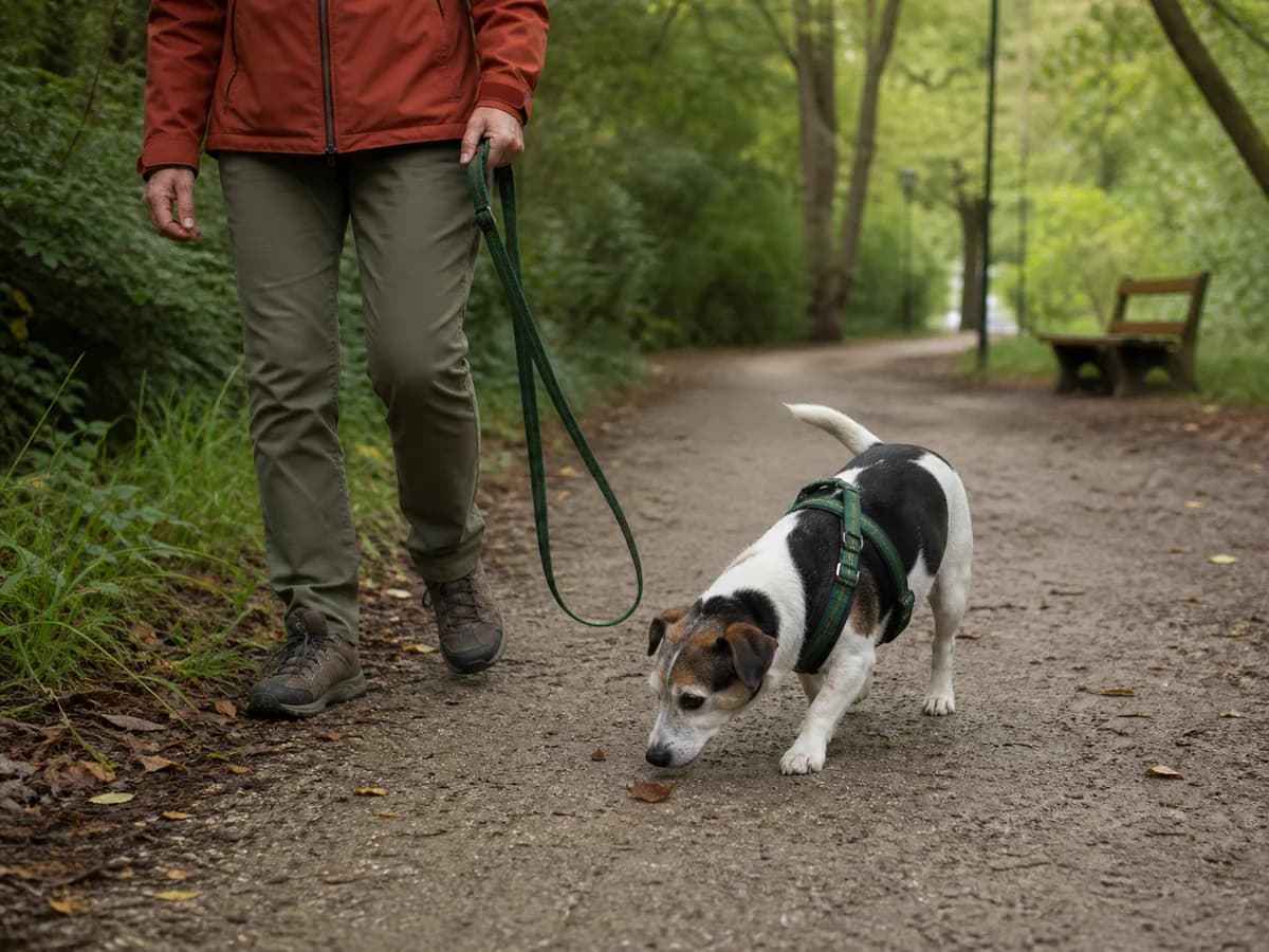 Illustration éditoriale originale créée pour l’article « Adapter les sorties d’un chien âgé »