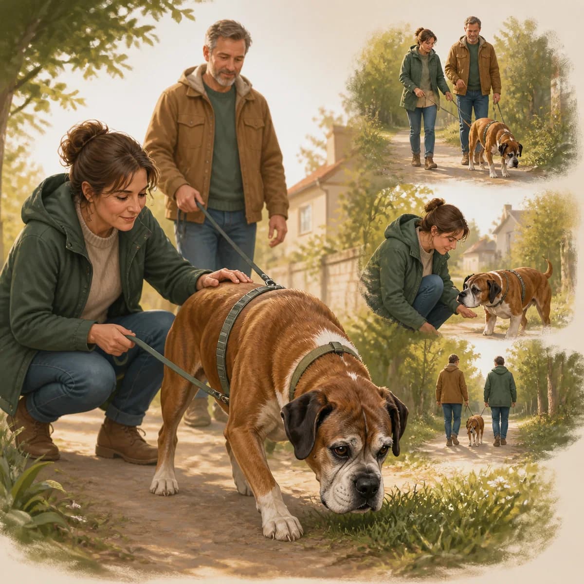 Illustration éditoriale originale créée pour l’article « Adapter les sorties d’un chien âgé »