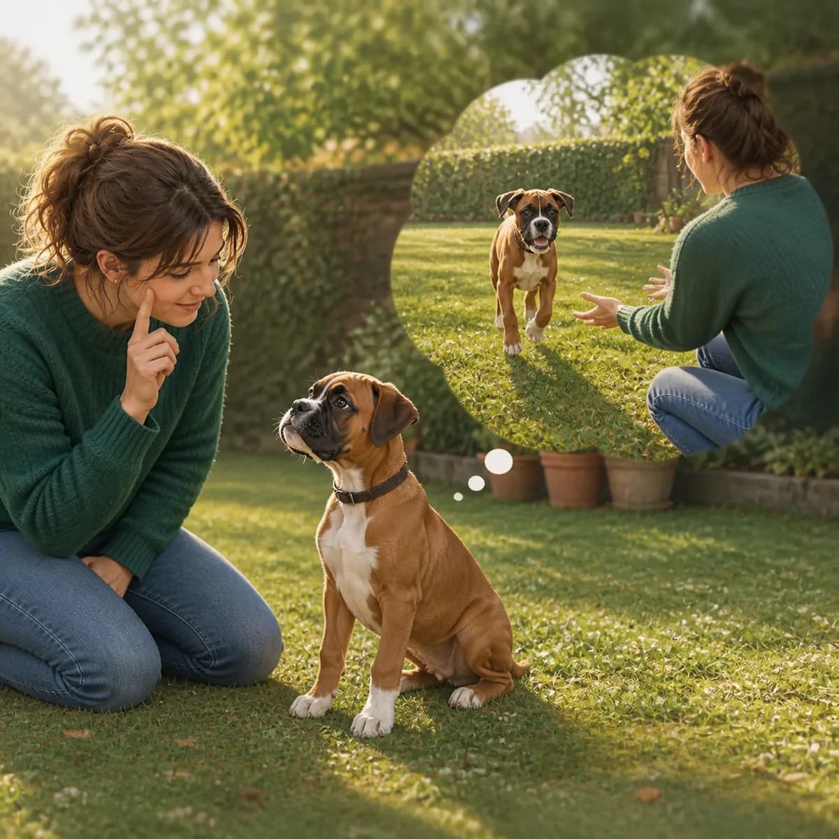 Illustration éditoriale originale créée pour l’article « Nom et rappel chez le chiot : commencer tôt »