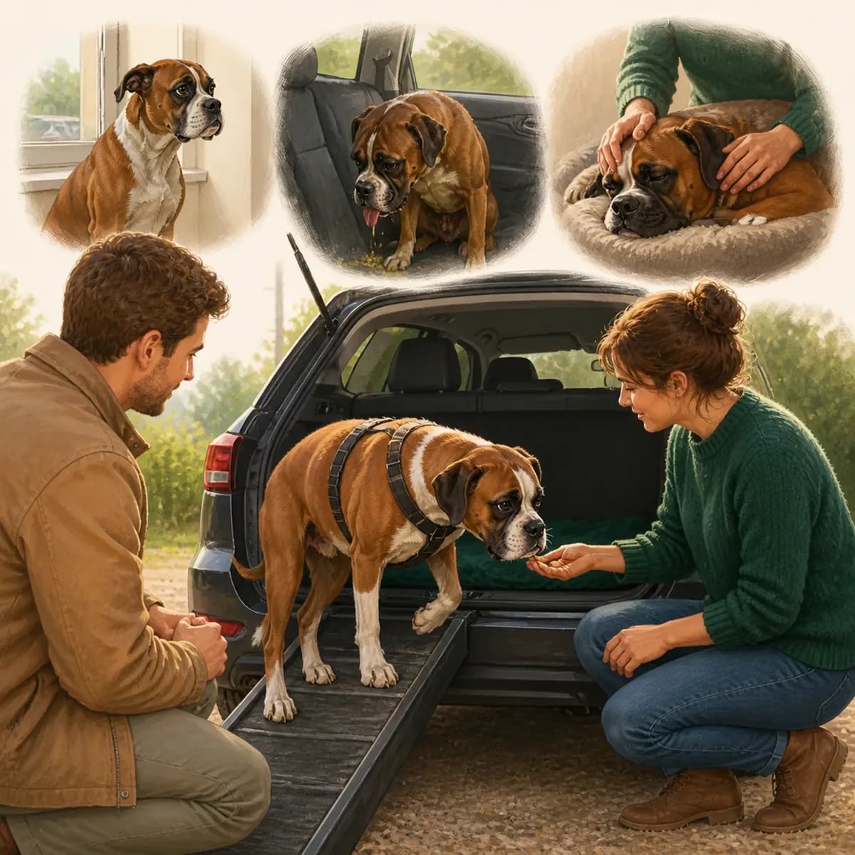 Illustration éditoriale originale créée pour l’article « Chien qui a peur en voiture »