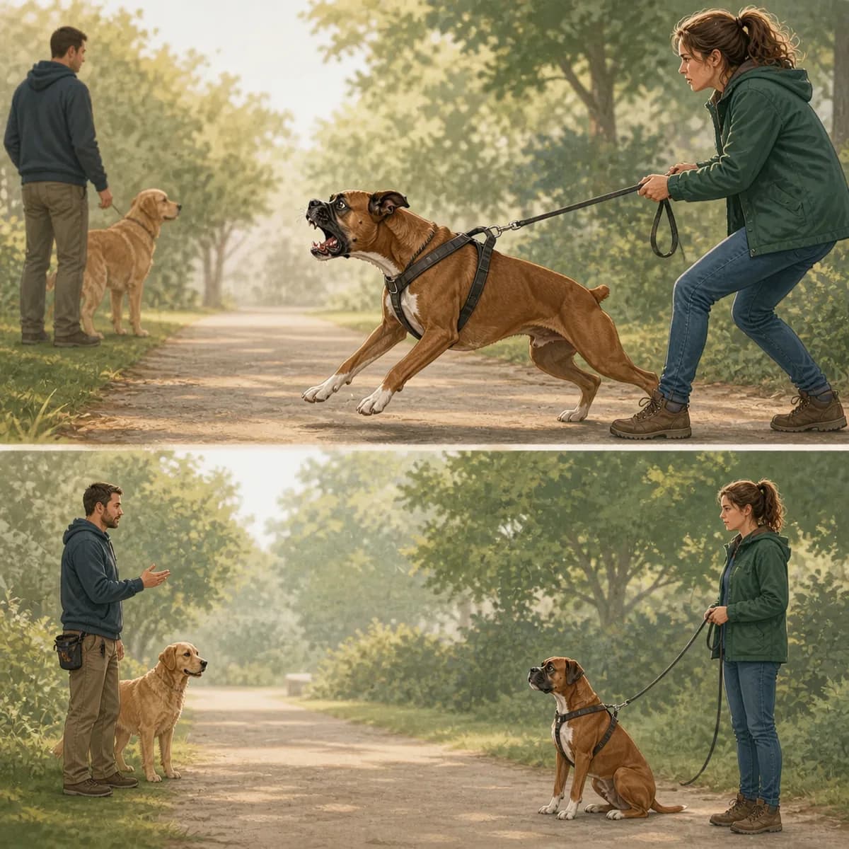 Illustration éditoriale originale créée pour l’article « Le chien qui explose au bout de la laisse »