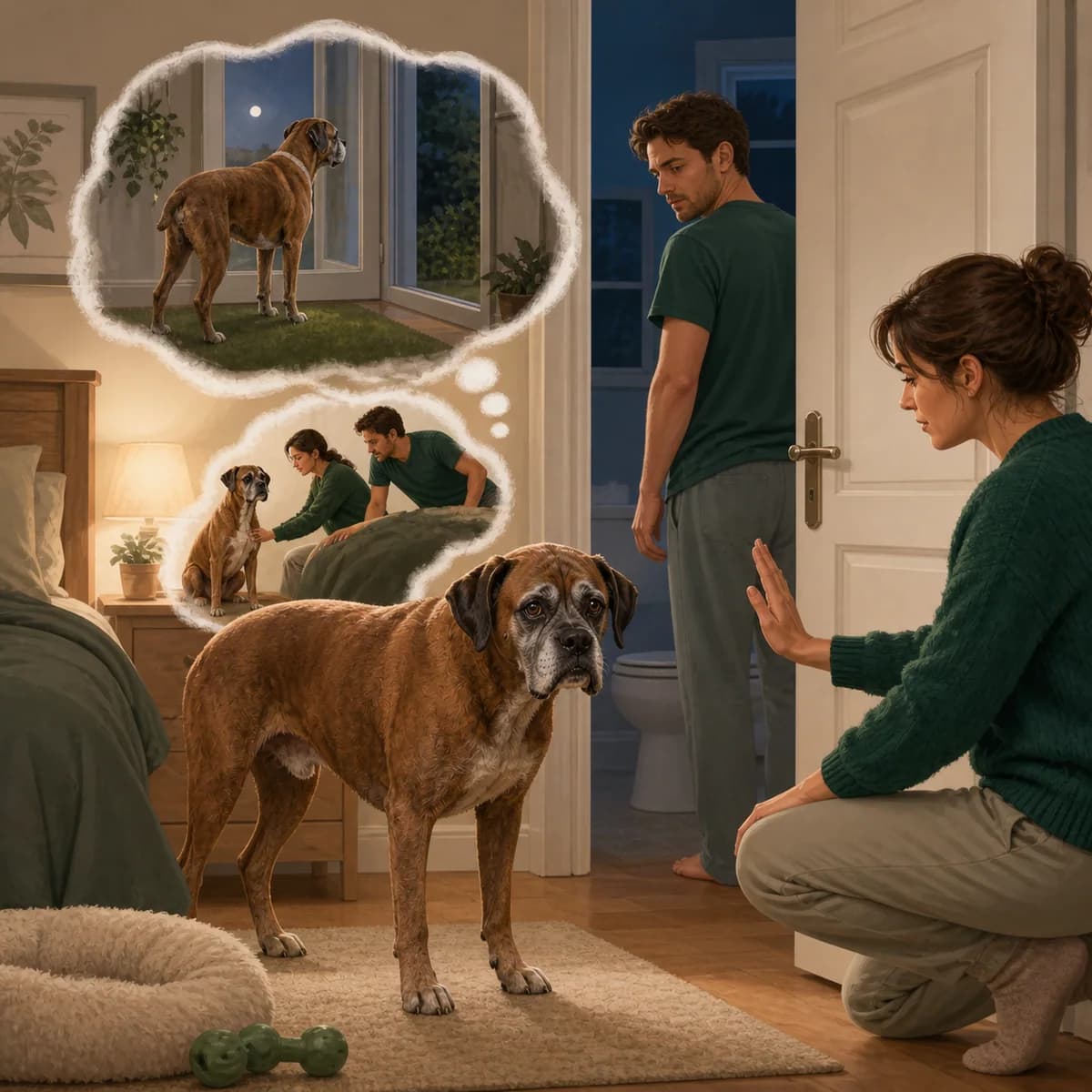 Illustration éditoriale originale créée pour l’article « Le chien qui ne supporte pas la nuit seul »