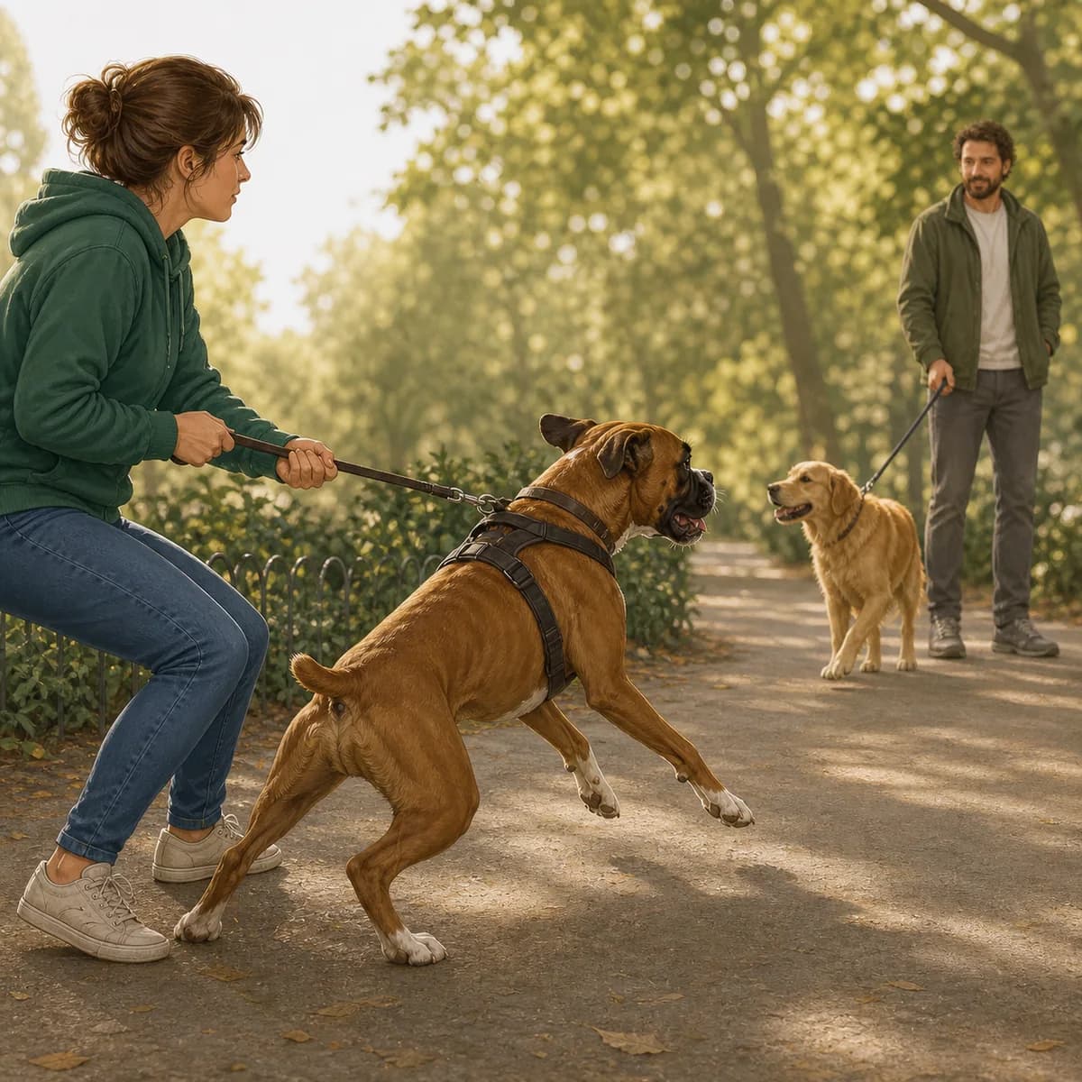 Illustration éditoriale originale créée pour l’article « Mon chien tire vers tous les chiens qu’il voit »