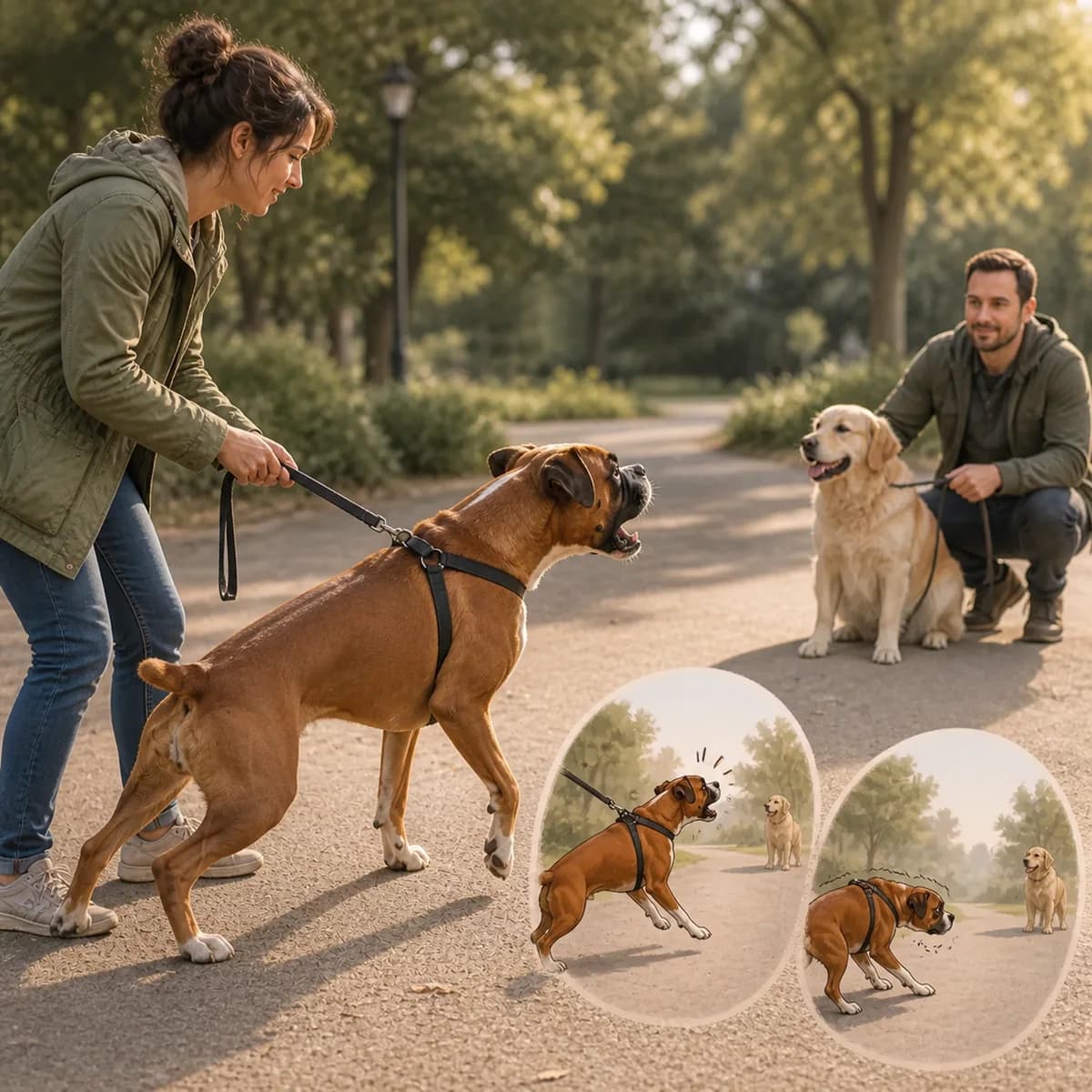 Illustration éditoriale originale créée pour l’article « Chien réactif en laisse : comprendre et travailler »
