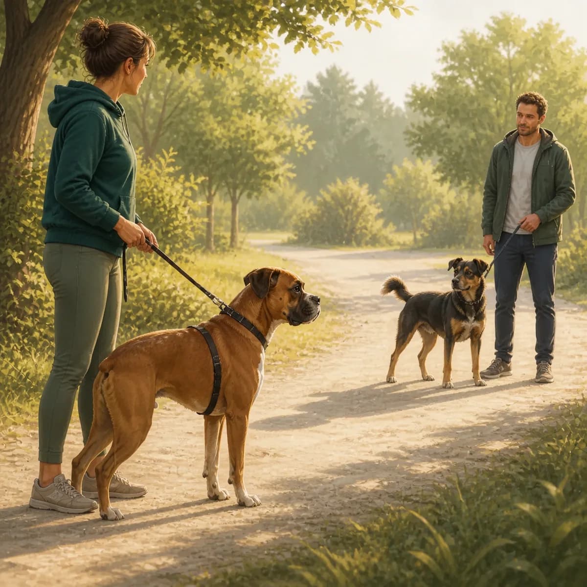 Illustration éditoriale originale créée pour l’article « Croiser un autre chien en laisse sans incident »