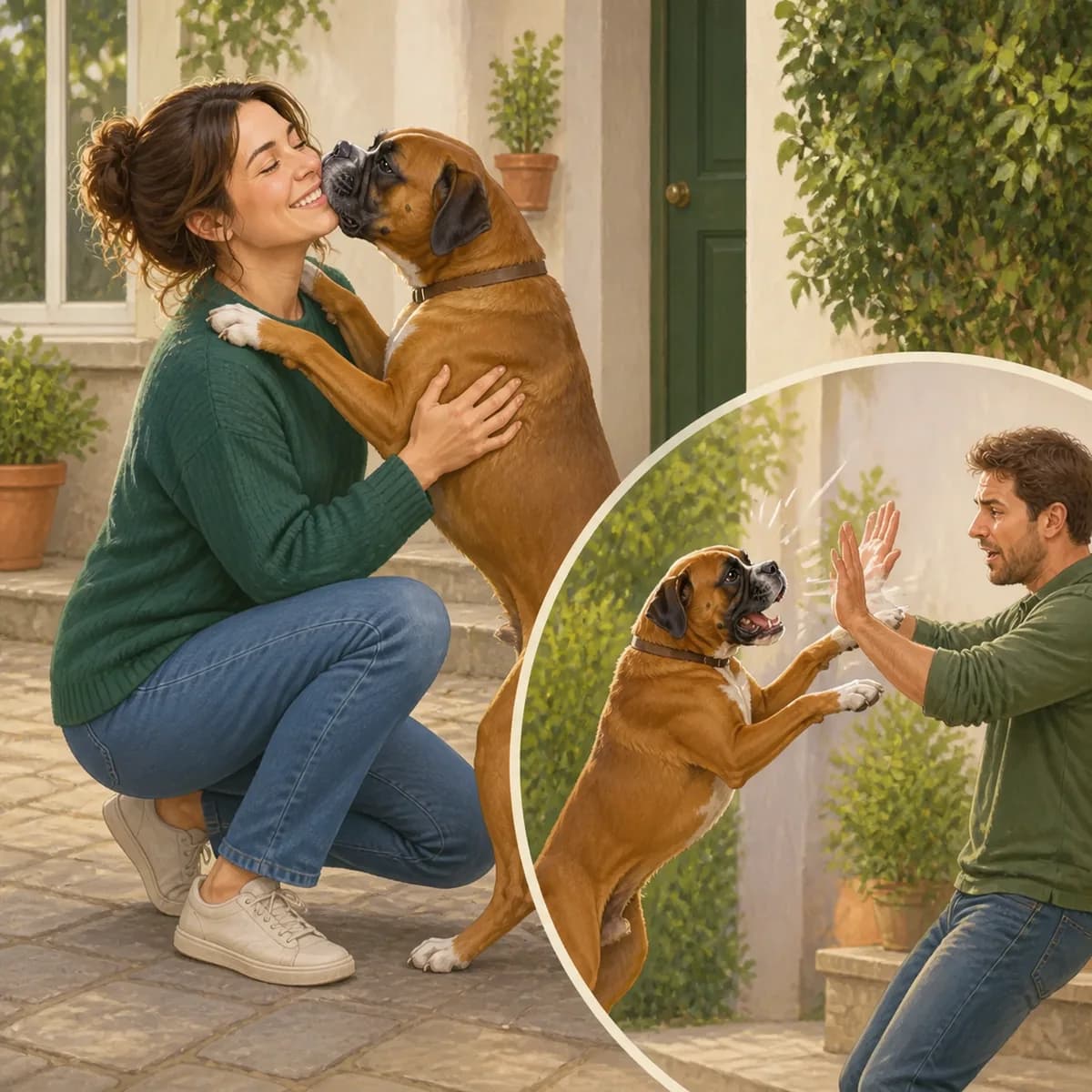 Illustration éditoriale originale créée pour l’article « Apprendre à un chien à ne pas sauter sur les gens »