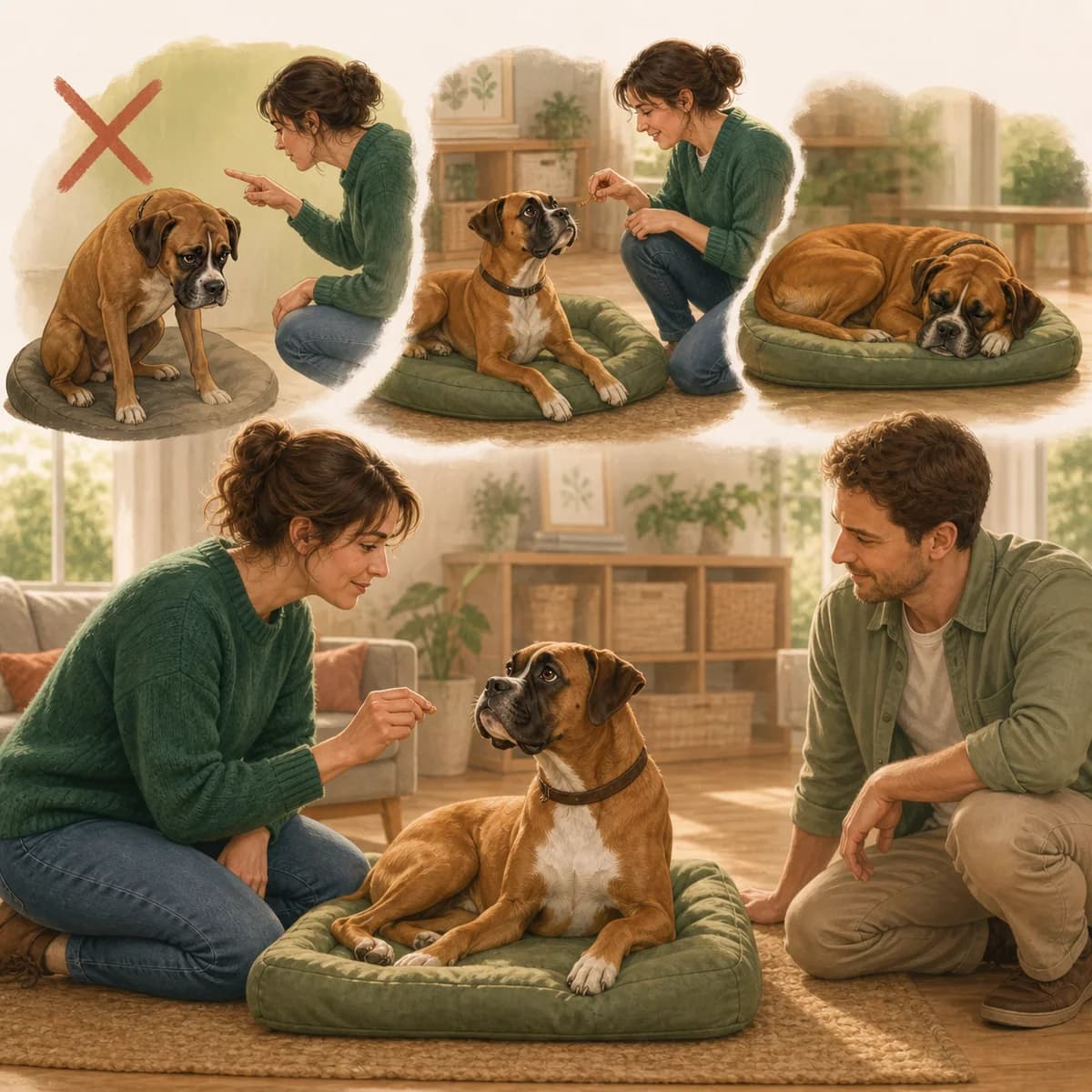 Illustration éditoriale originale créée pour l’article « Apprendre le « au panier » à son chien »