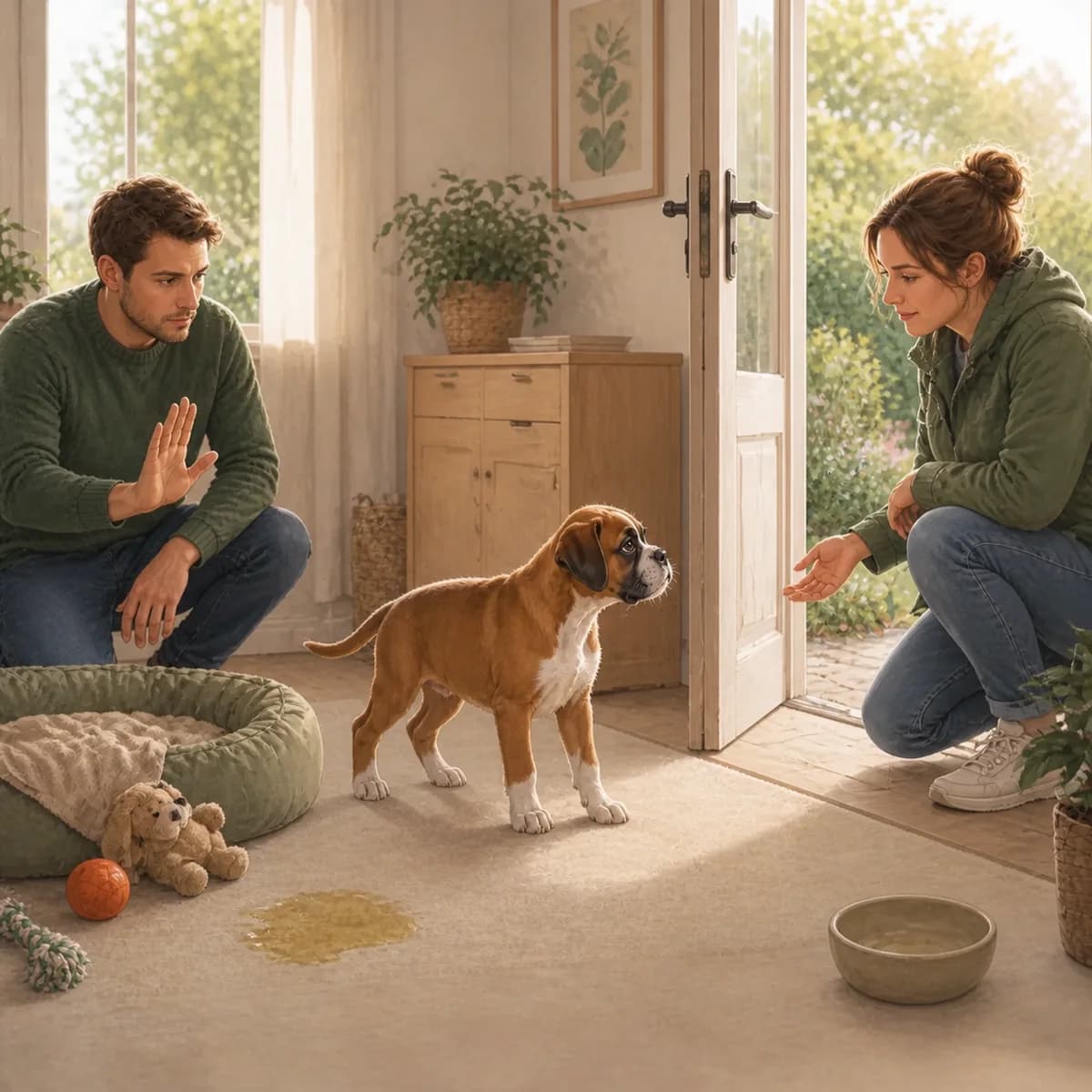 Illustration éditoriale originale créée pour l’article « La propreté du chiot : ce qui marche et ce qui ne sert à rien »