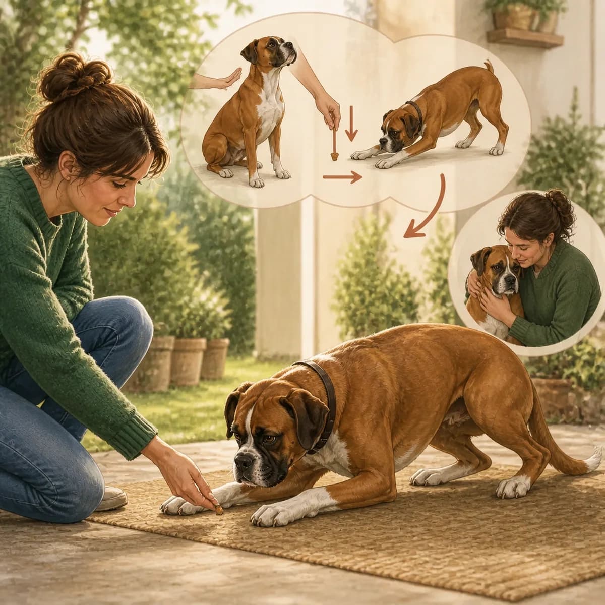 Illustration éditoriale originale créée pour l’article « Apprendre le couché à son chien »