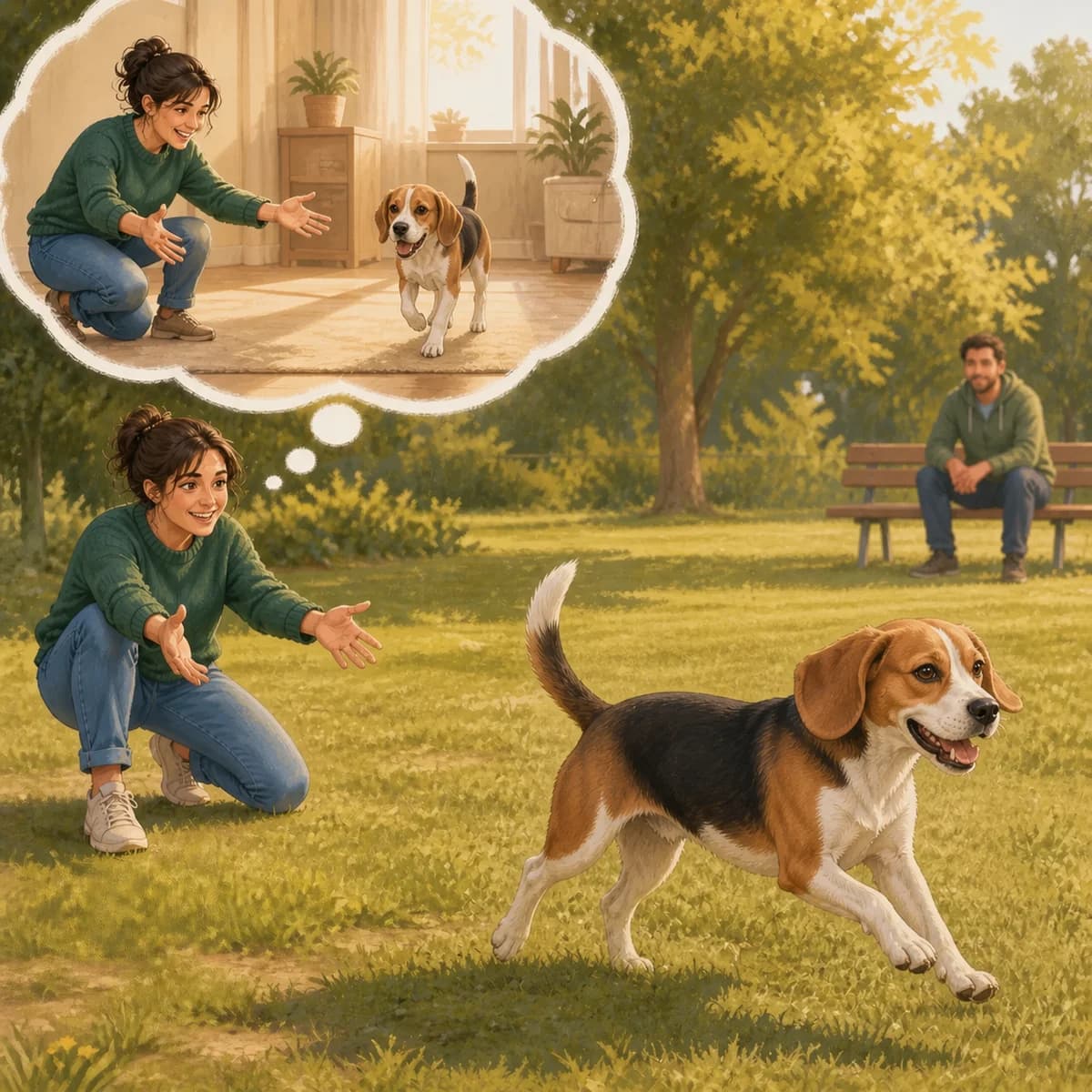 Illustration éditoriale originale créée pour l’article « Apprendre le rappel à son chien »