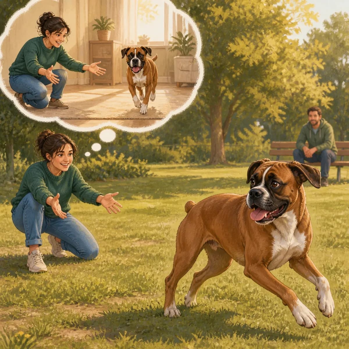 Illustration éditoriale originale créée pour l’article « Apprendre le rappel à son chien, étape par étape »