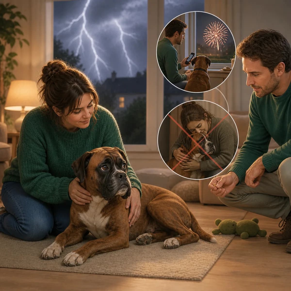 Illustration éditoriale originale créée pour l’article « Habituer son chien aux bruits : orages, feux d’artifice »
