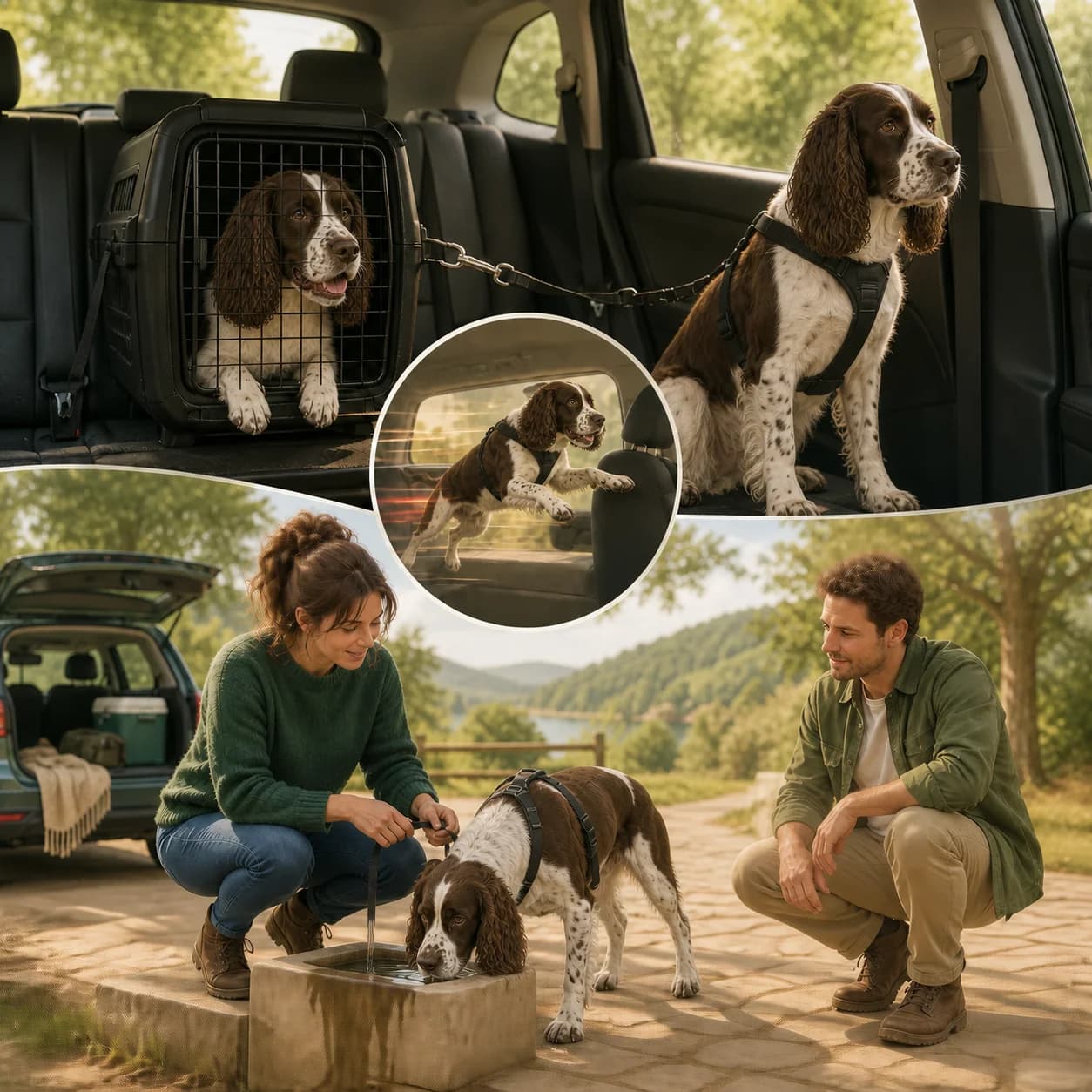 Illustration éditoriale originale créée pour l’article « Voyager en voiture avec son chien »
