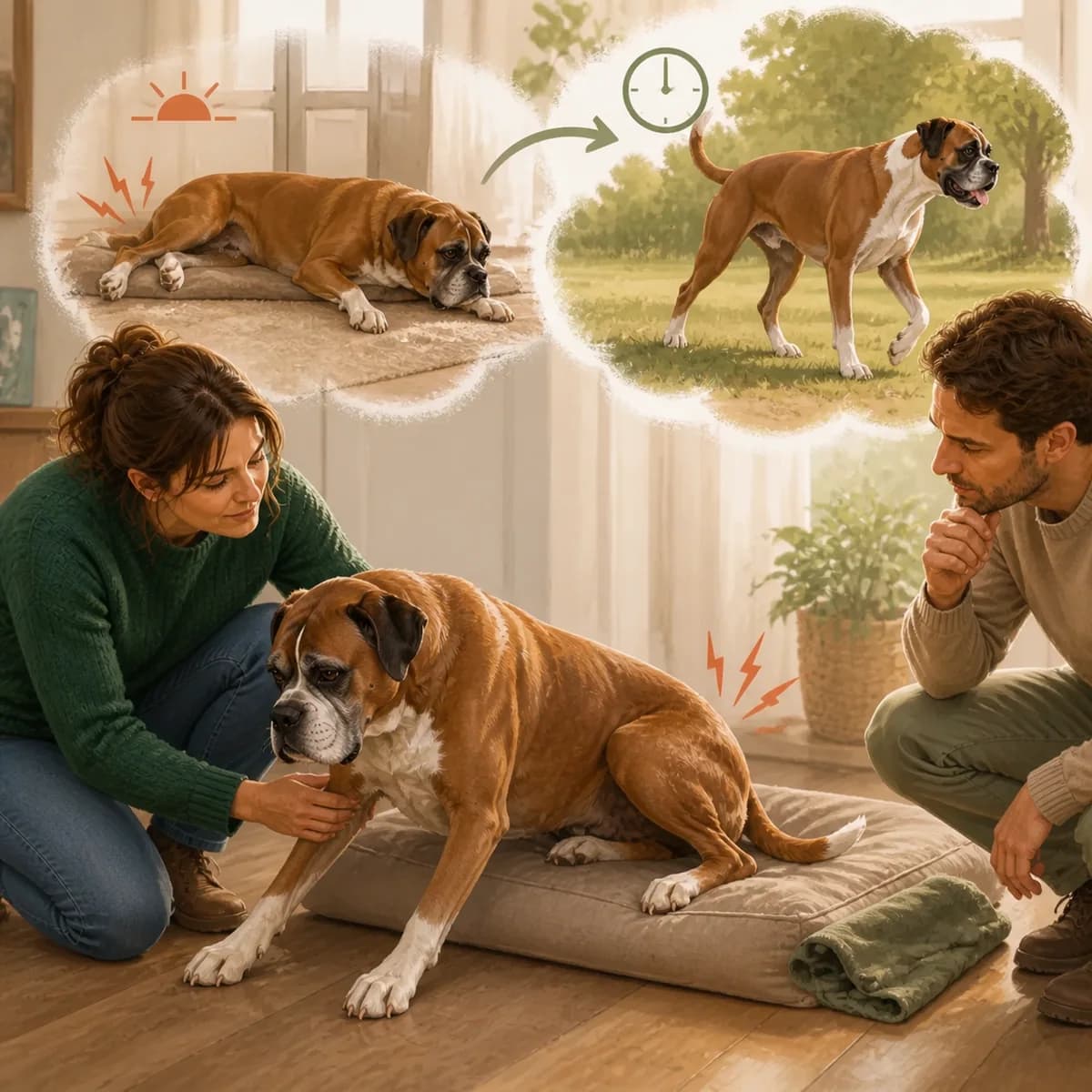 Illustration éditoriale originale créée pour l’article « Mon chien a du mal à se lever »
