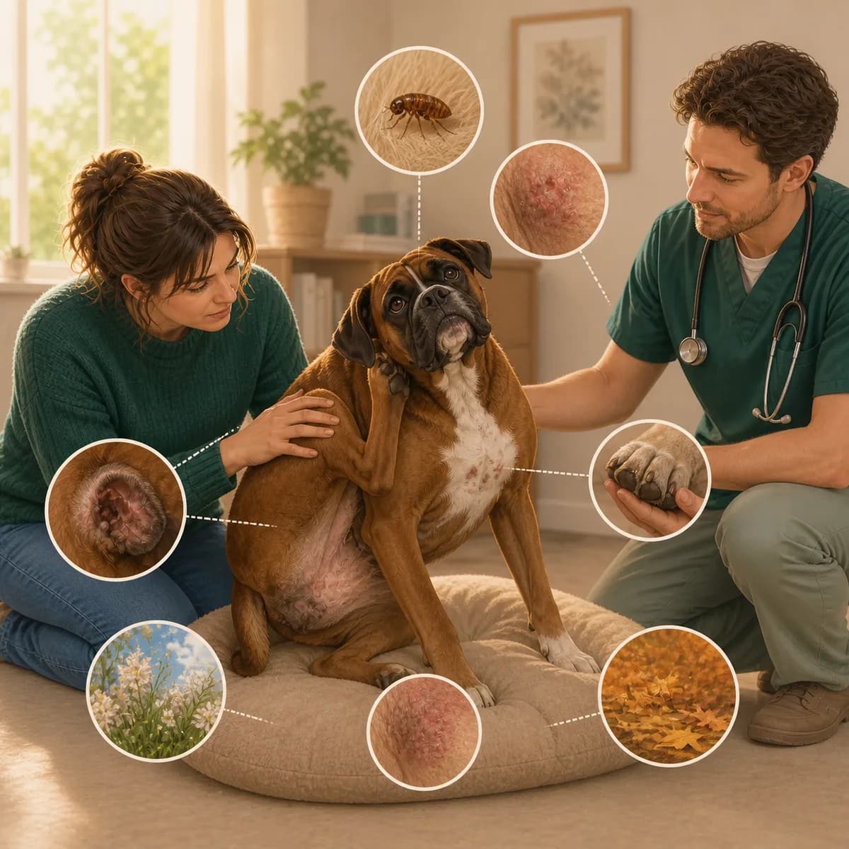 Illustration éditoriale originale créée pour l’article « Mon chien se gratte : par où commencer »