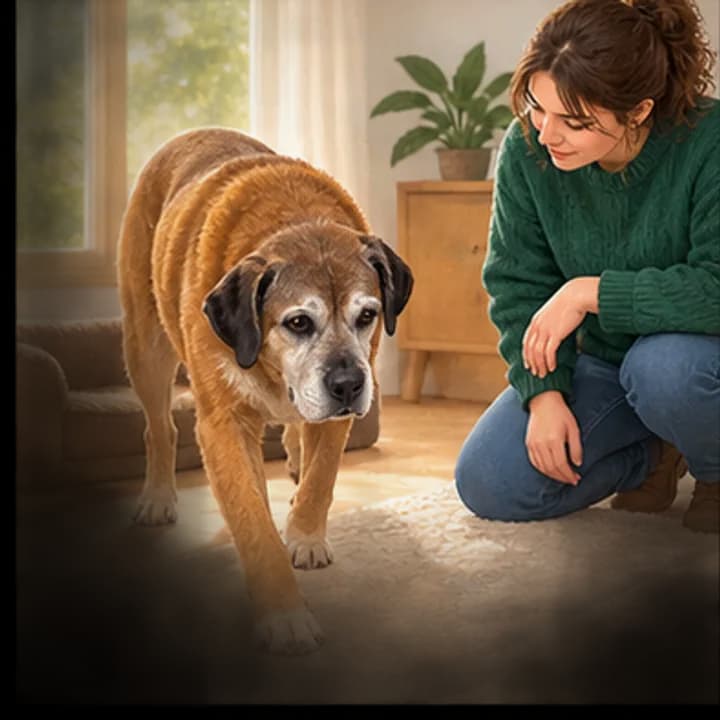 Une personne observe un chien âgé au museau grisonnant pendant qu’il se déplace. Illustration pour l’article « Préparer les décisions difficiles »