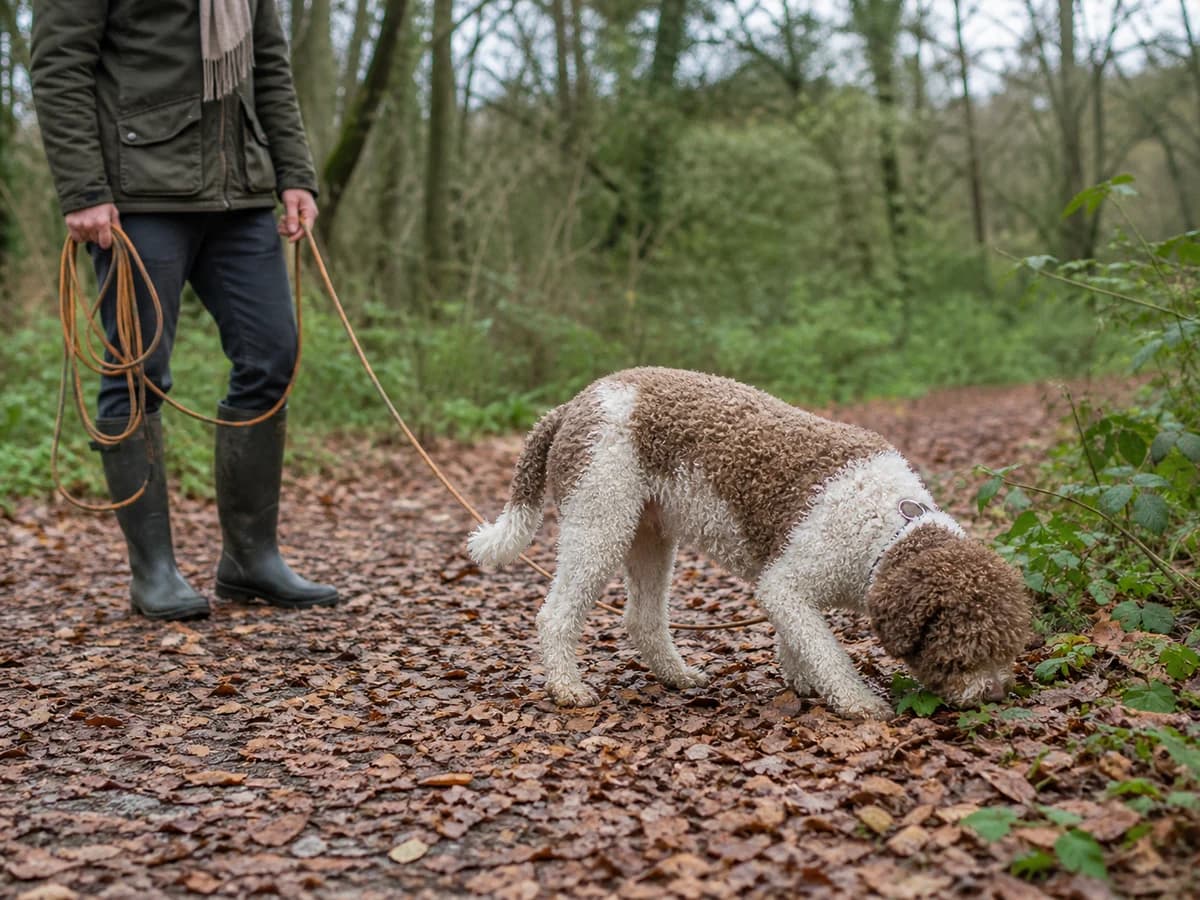 Un Lagotto Romagnolo explore une odeur sur un sentier avec une longe détendue. Photographie choisie pour l’article « Apprendre à un chien à s’occuper seul »