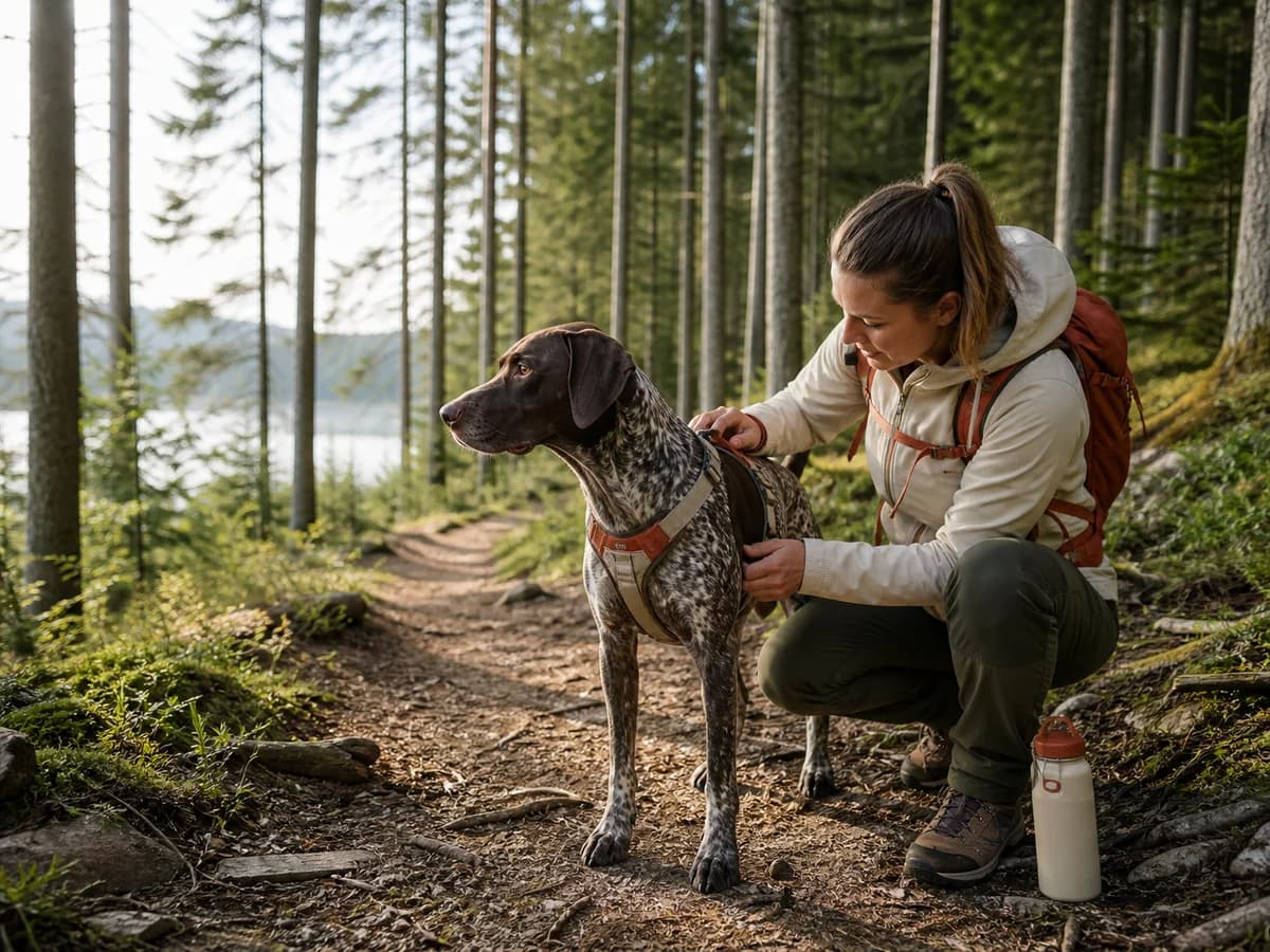 Une randonneuse vérifie le terrain et l’état de son chien avant une activité. Photographie choisie pour l’article « Le chien qui tire en laisse »