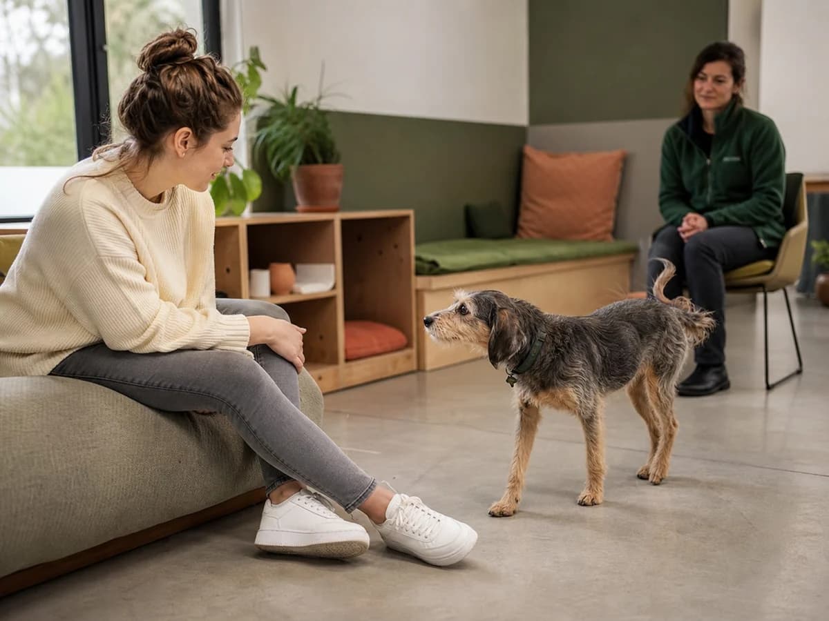 Une personne rencontre calmement un chien dans un refuge sans forcer le contact. Photographie choisie pour l’article « Adopter un chien adulte »