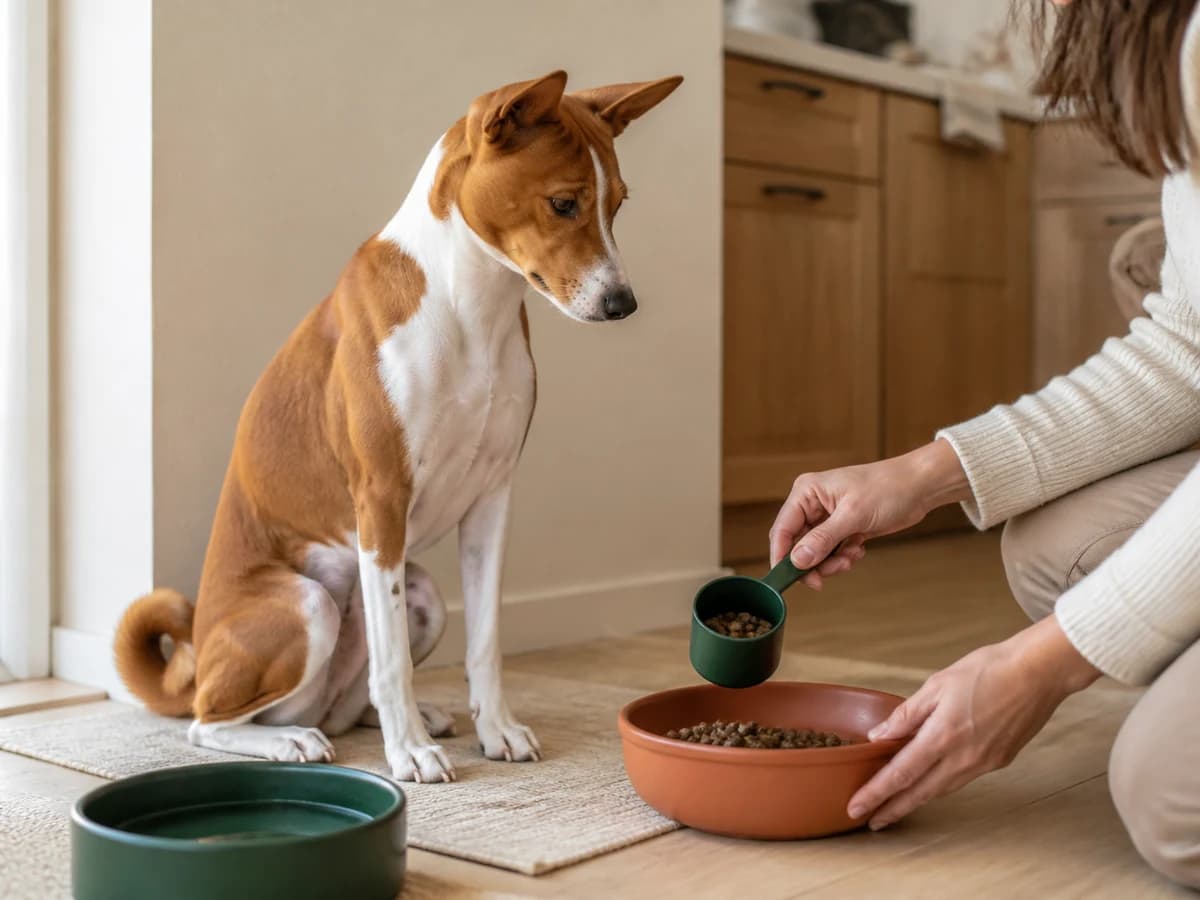 Une personne mesure le repas d’un Basenji qui attend calmement près de son eau. Photographie choisie pour l’article « Changer de croquettes sans troubles digestifs »