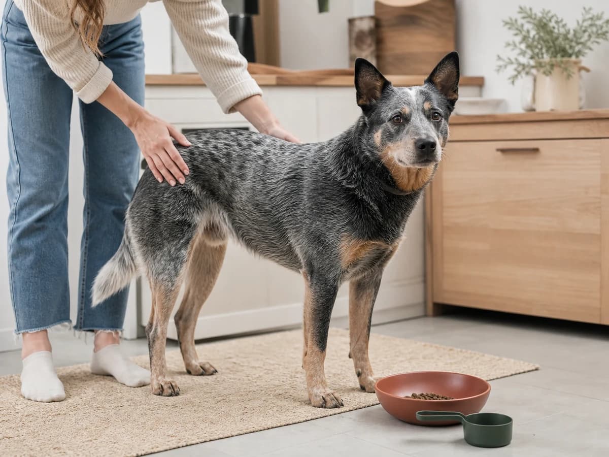 Une personne observe l’état corporel d’un Bouvier australien avant son repas. Photographie choisie pour l’article « Mon chien mange trop vite »