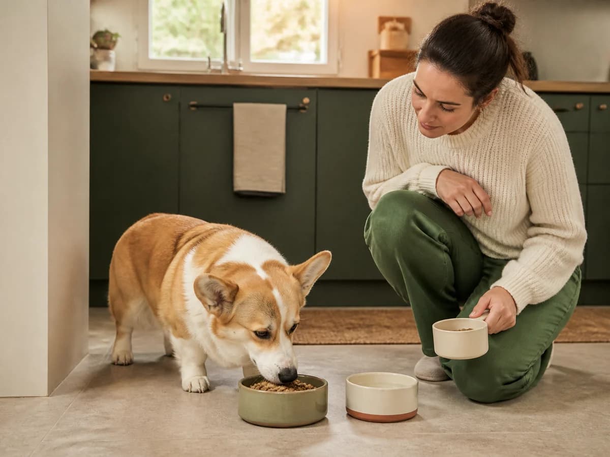 Une personne observe l’appétit de son chien devant ses gamelles de nourriture et d’eau. Photographie choisie pour l’article « Mon chien ne mange plus : ce qu’il faut observer »