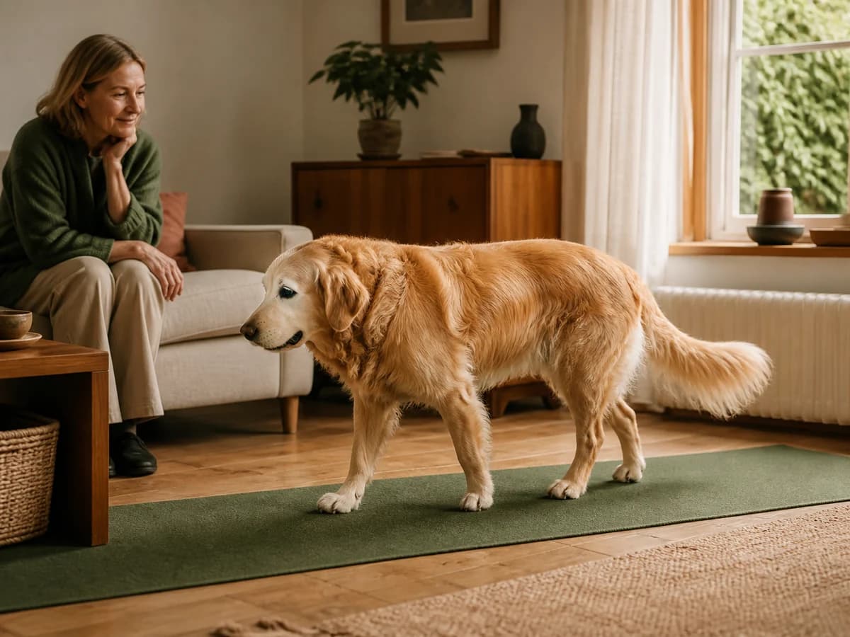 Une personne observe un chien âgé au museau grisonnant pendant qu’il se déplace. Photographie choisie pour l’article « Préparer une consultation vétérinaire pour ne rien oublier »