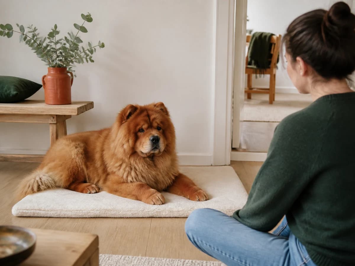 Un Chow Chow se repose dans une zone calme à distance de sa propriétaire. Photographie choisie pour l’article « Mon chien a peur des bruits »