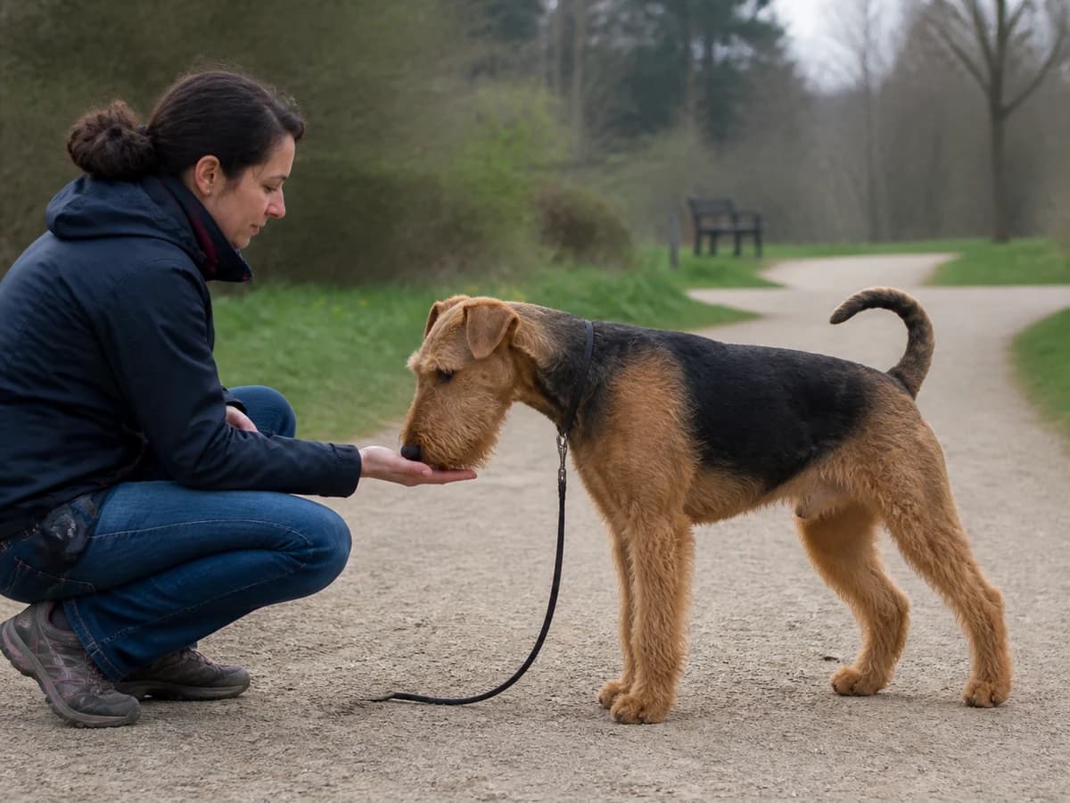 Un Airedale apprend calmement à toucher la main de sa propriétaire. Photographie choisie pour l’article « Apprendre à marcher au pied »