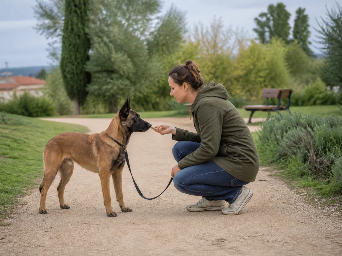 Une personne récompense le regard calme d’un Berger belge dans un parc. Photographie choisie pour l’article « Mon chien creuse le jardin »