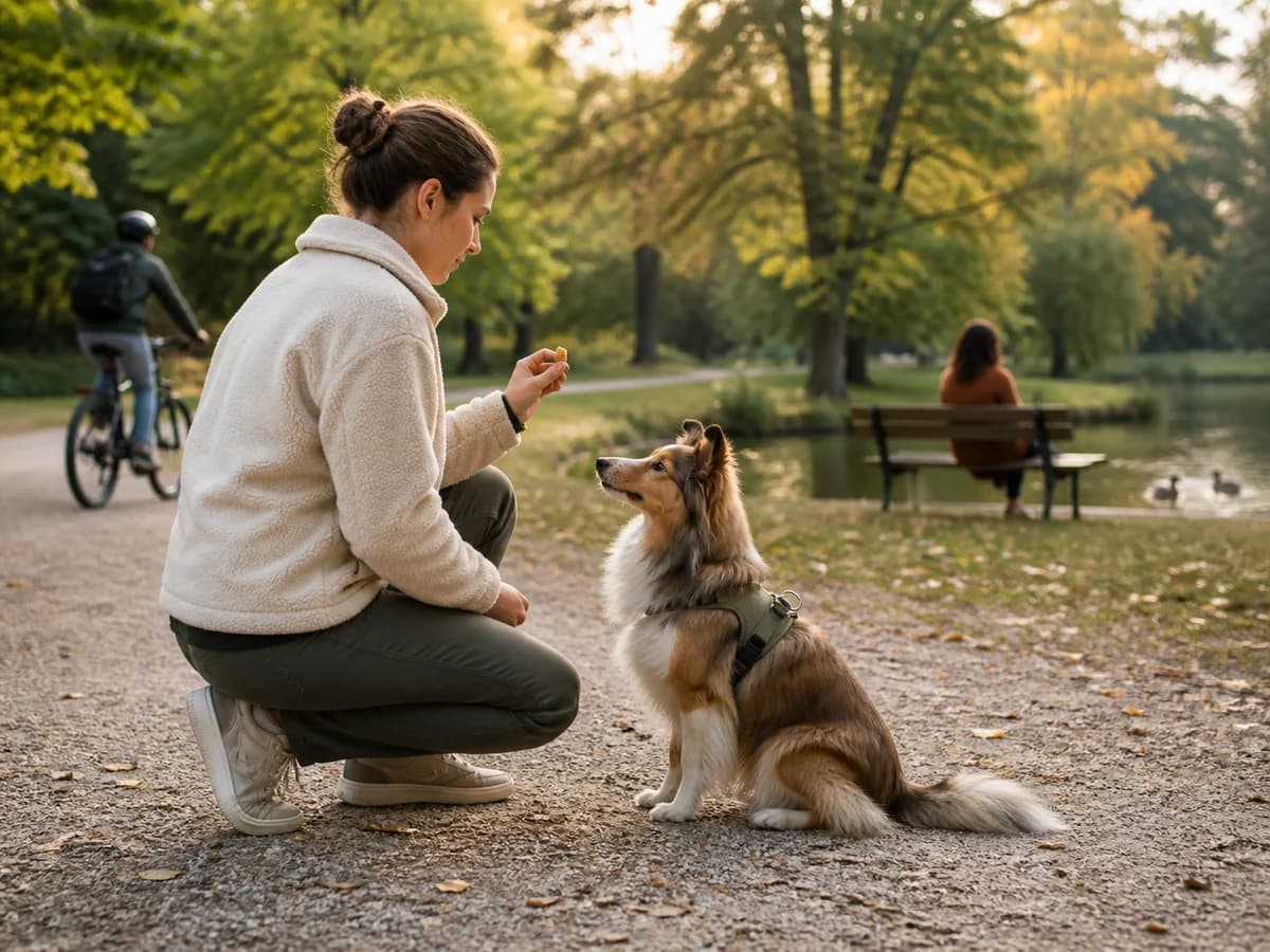 Une propriétaire observe son chien et les distractions présentes avant un exercice. Photographie choisie pour l’article « Apprendre la muselière à son chien »