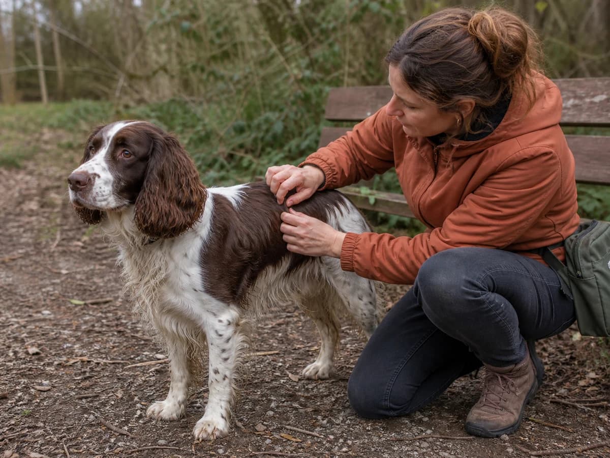 Une personne vérifie le pelage d’un Springer anglais après une promenade. Photographie choisie pour l’article « Les coussinets du chien »